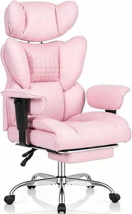 Sweet - High Back Executive Office Chair with Footrest and Adjustable Armrests , Big and Tall PU Leather Gaming Chair - Pink