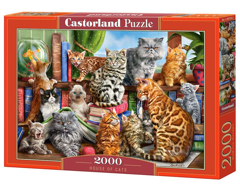 2000 Piece Jigsaw Puzzles, House of Cats, Happy Cats, Pets, Animals, Cats and Kittens, Castorland C-200726-2 - Red