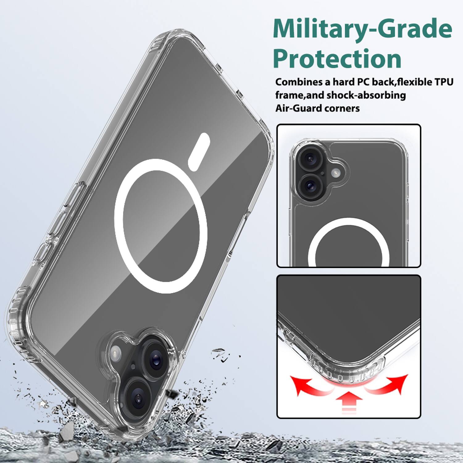 Military-Grade Protection  
Combines a hard PC back, flexible TPU frame, and shock-absorbing Air-Guard corners