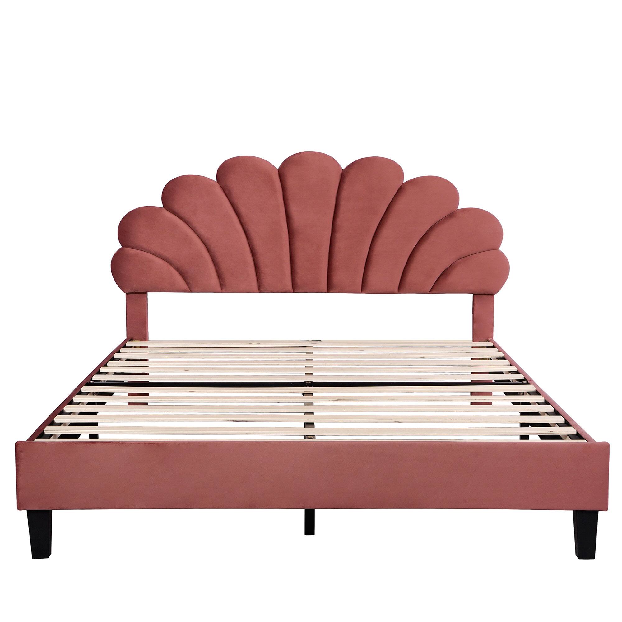 Back. Tiramisubest - Queen Size Upholstered Platform Bed with Flower Pattern Velvet Headboard, Bean Paste Red - Bean paste red.