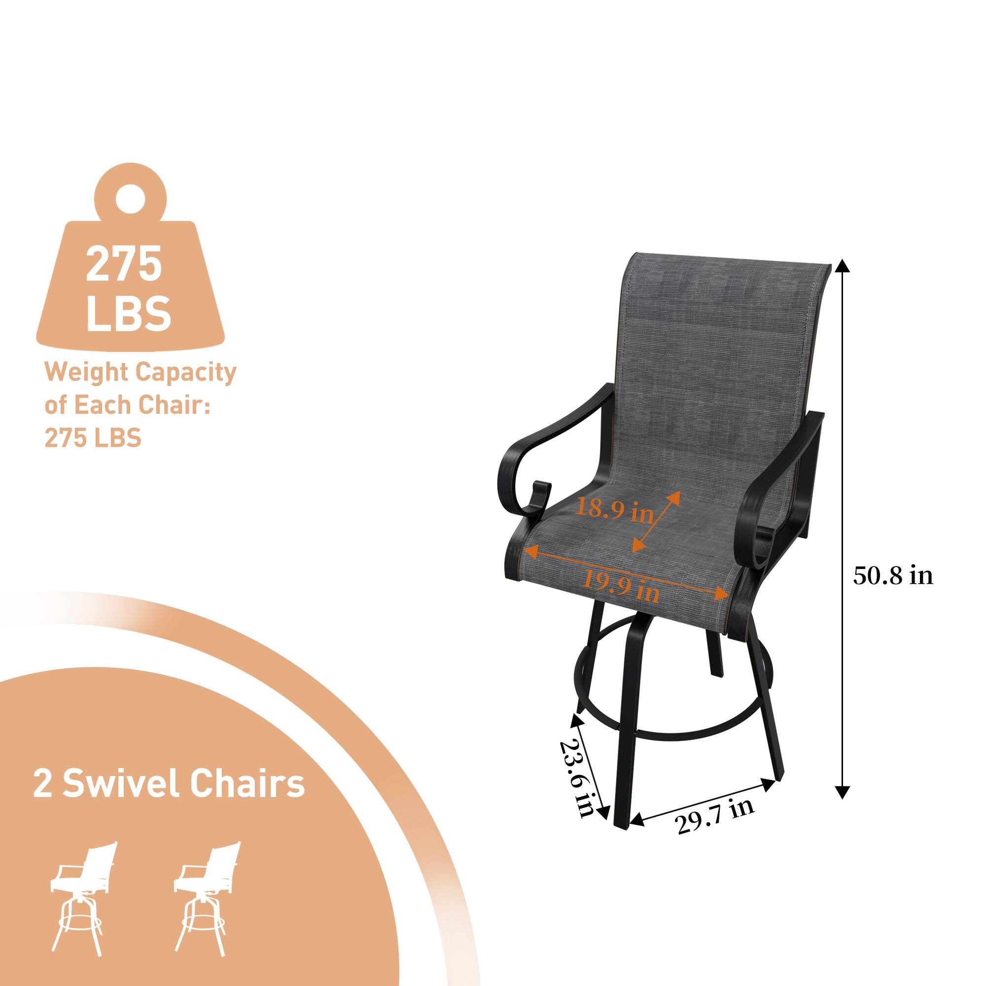 275 LBS Weight Capacity of Each Chair: 275 LBS  
18.9 in  
19.9 in  
50.8 in  
2 Swivel Chairs  
23.6 in  
29.7 in