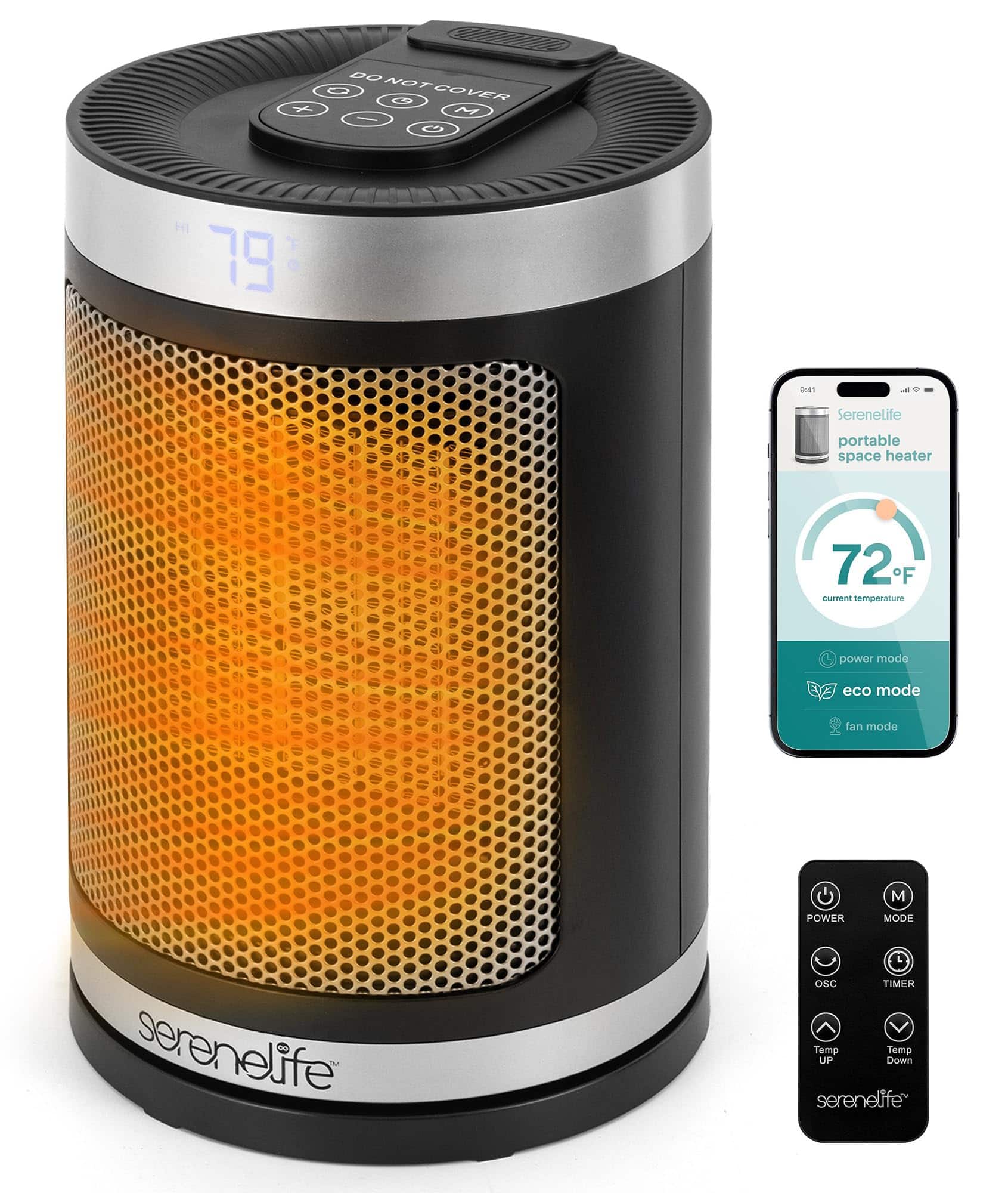 SereneLife - SLSPCHTRW3BK Smart Space Heater, 1500W, Thermostat, Wi-Fi Enabled, Remote Control, Black - Black + WiFi