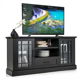 Costway - 63-Inch Modern TV Cabinet TV Console Table w/ 2 Side Cabinets & Drawer Suits 70" Televisions Farmhouse Style - Black