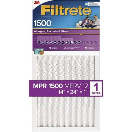 3M REMIND ME Filtrete 1500 Allergen, Bacteria & Virus
CERTIFIED asthma & allergy
$ Savings
Particular
Lasts Up to 3 MONTHS
MPR 1500 MERV 12 14" X 24" X 1" FILTER