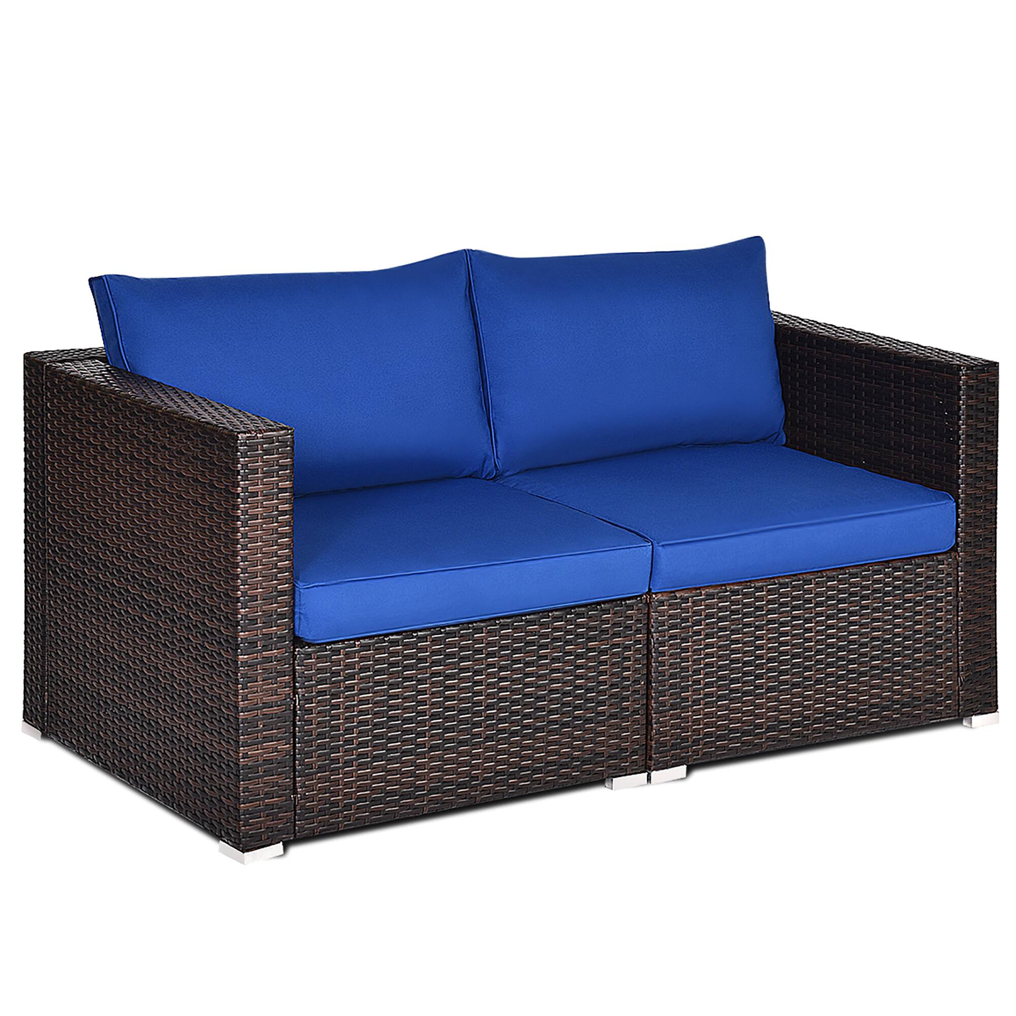 Alt View 5. Costway - Costway 2PCS Patio Rattan Corner Sofa Sectional Furniture Navy Cushion - blue & brown.
