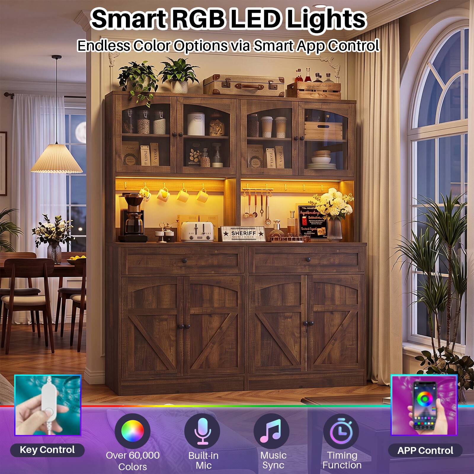 Smart RGB LED Lights  
Endless Color Options via Smart App Control

Key Control  
Over 60,000 Colors  
Built-in Mic  
Music Sync  
Timing Function  
APP Control