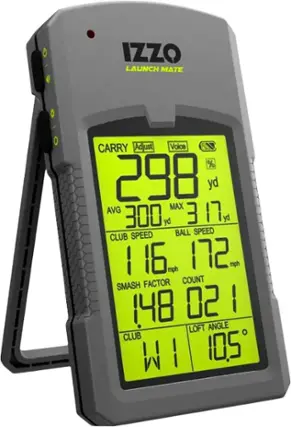 The Izzo Launch Mate O Carry device is designed to help golfers improve their game by providing them with essential information about their performance. The device features a bright yellow screen that displays various statistics, such as the average and maximum yardage, ball speed, club speed, and smash factor. Additionally, the device can be adjusted to provide voice feedback, which can be helpful for golfers who want to focus on their swing and not have to constantly check the device. The Izzo Launch Mate O Carry is a valuable tool for golfers looking to enhance their skills and achieve better results on the course.
