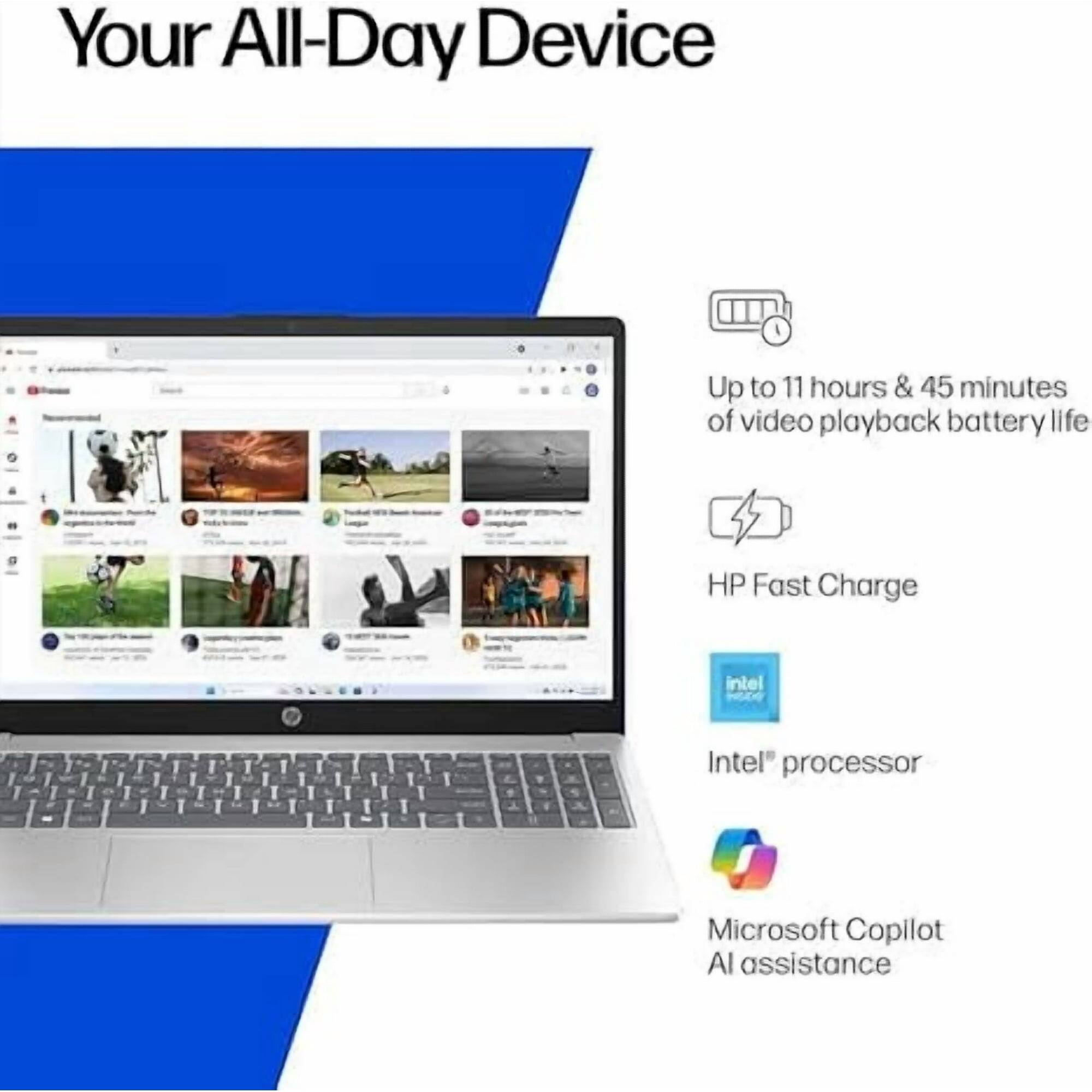 Your All-Day Device

Up to 11 hours & 45 minutes of video playback battery life

HP Fast Charge

Intel® processor

Microsoft Copilot AI assistance