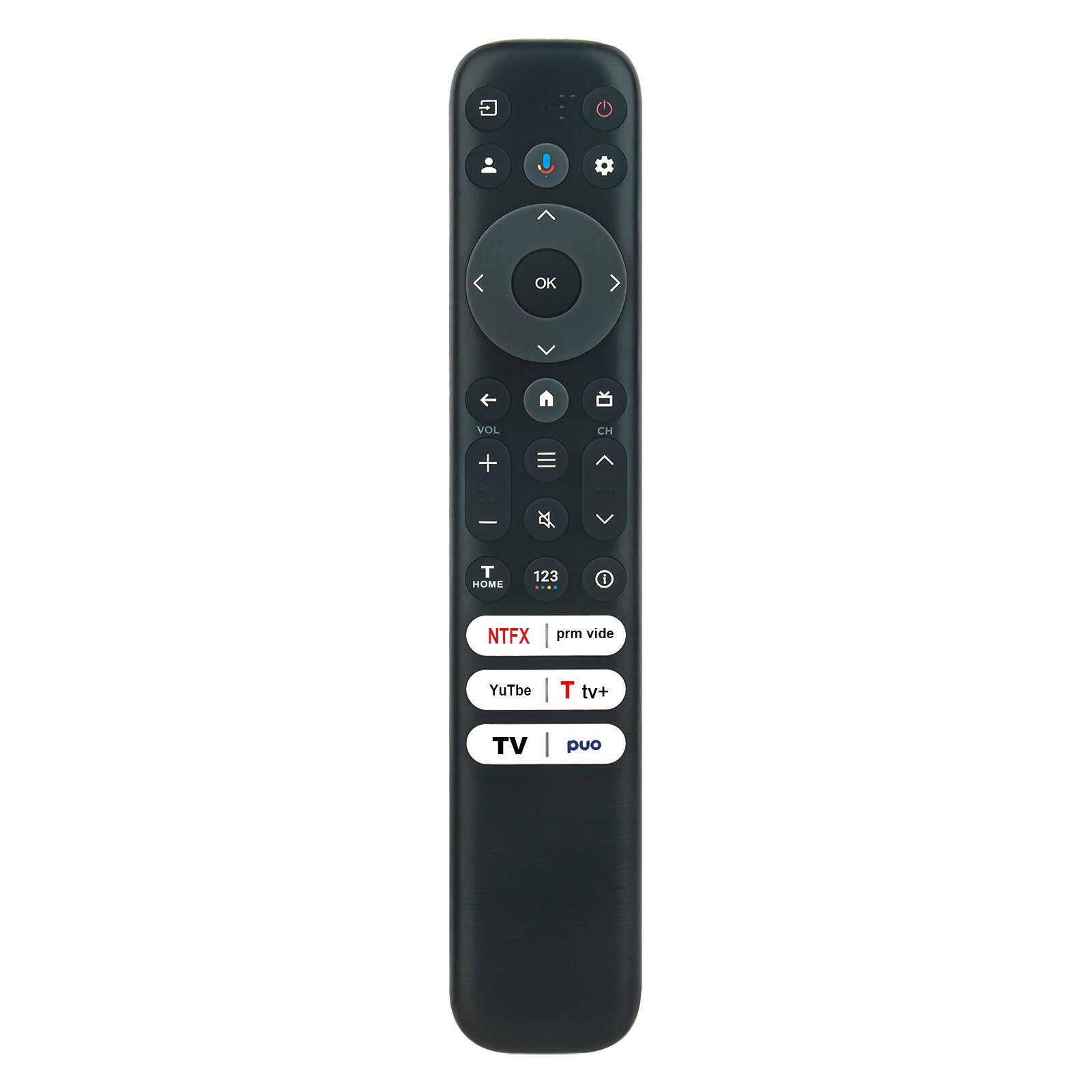 OK  
VOL  
CH  
+  
-  
V  
T HOME  
123 ....  
i  
NTFX  
prm vide  
YuTbe  
T tv+  
TV  
puo