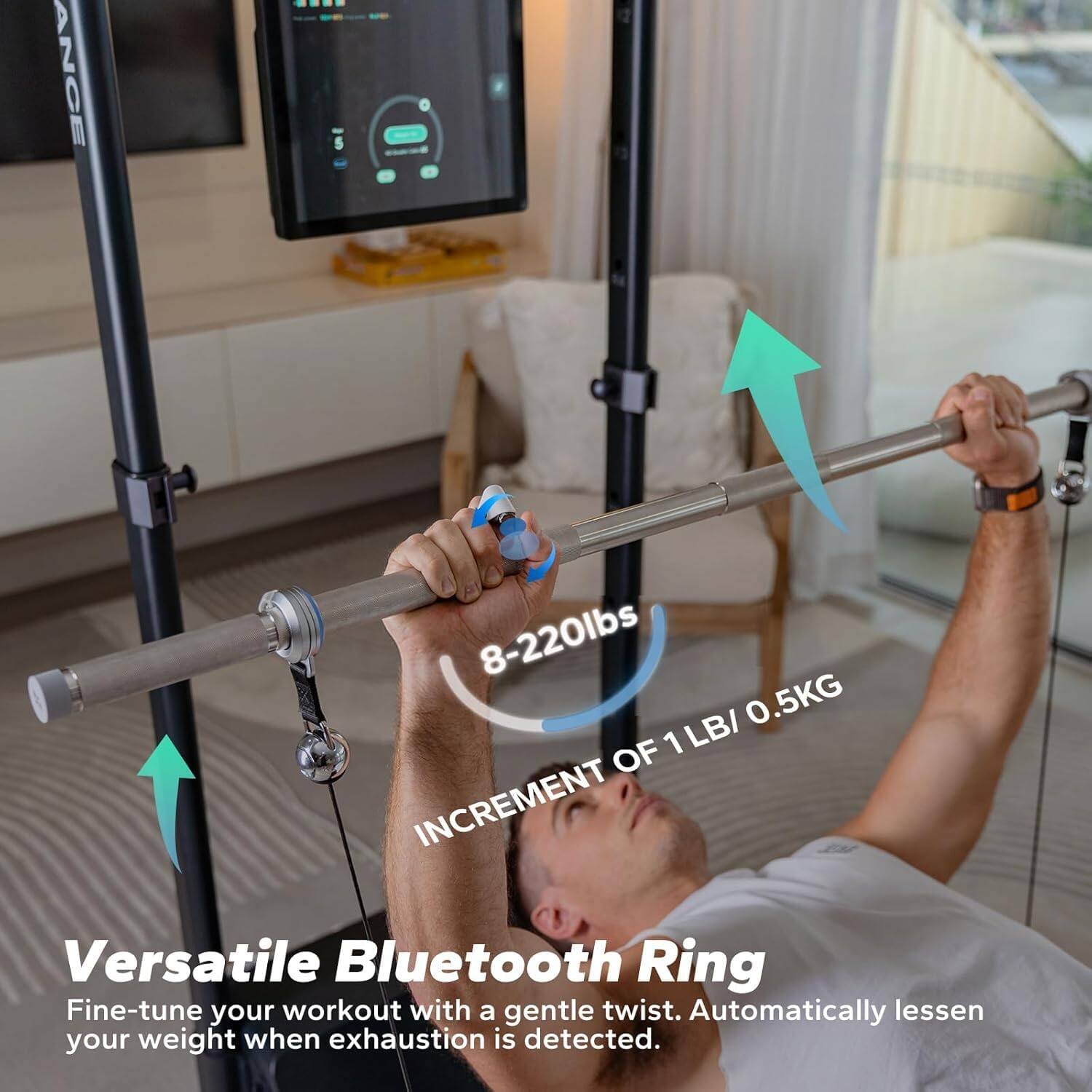 8-220lbs / 0.5KG INCREMENT OF 1 Versatile Bluetooth Ring Fine-tune your workout with a gentle twist. Automatically lessen your weight when exhaustion is detected.