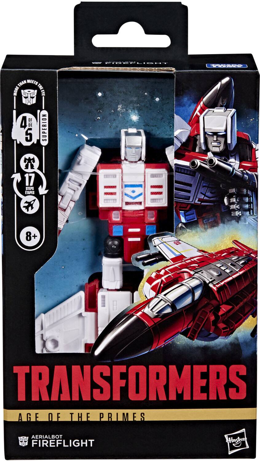 Sure, here is the corrected and grouped text from the image:

---

**TRANSFORMERS**  
**AGE OF THE PRIMES**  
**AERIALBOT FIREFLIGHT**

- **4 DE SUPERIOR**
- **17 STEPS TAPES**
- **8+**

**Hasbro**

---

This text is taken directly from the packaging of the toy.