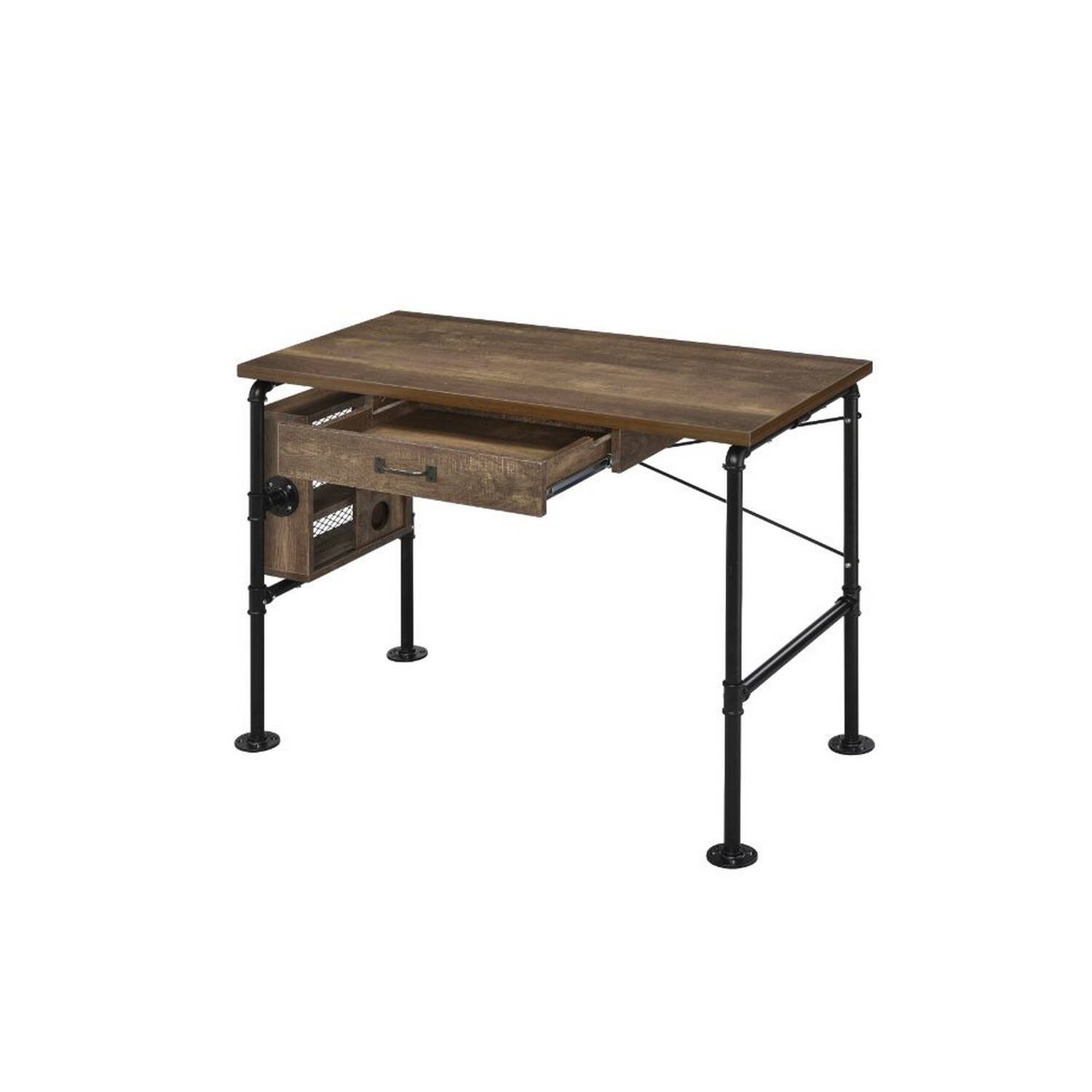 Left. Manhattan Lane - Writing Desk with Industrial Style and 3 Tier Sleek Side Shelves, Oak Brown - Brown.