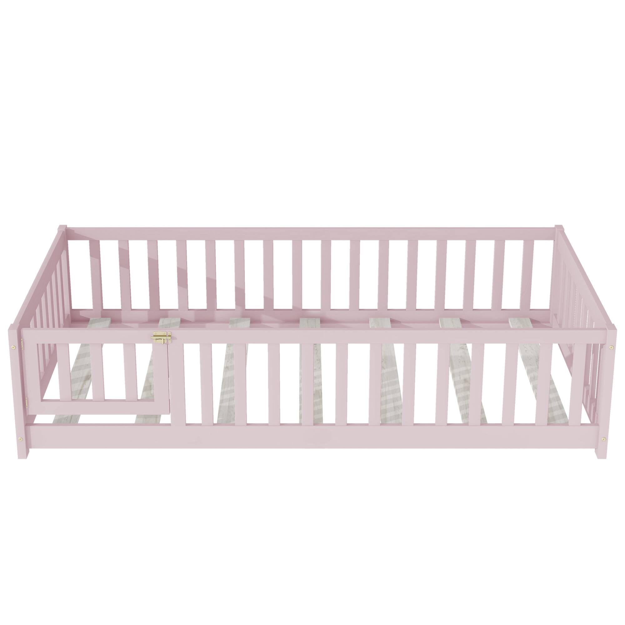 Alt View 9. GOODSILO - Twin Size Low-Profile Children's Floor Bed with Safety Guardrails and Entry Door, Natural Wood Finish - Pink.
