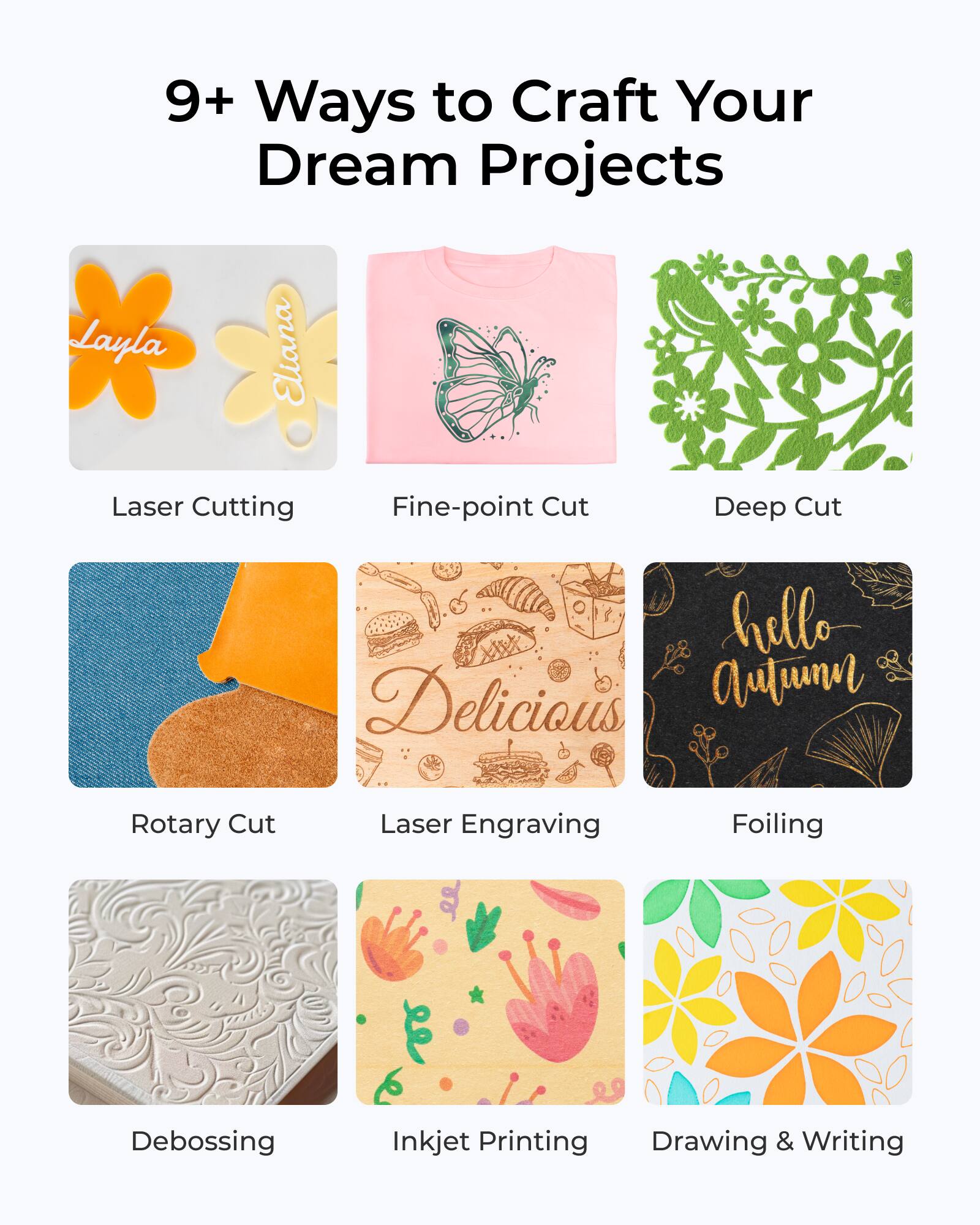 9+ Ways to Craft Your Dream Projects

- Laser Cutting
- Fine-point Cut
- Deep Cut
- Rotary Cut
- Laser Engraving
- Foiling
- Debossing
- Inkjet Printing
- Drawing & Writing