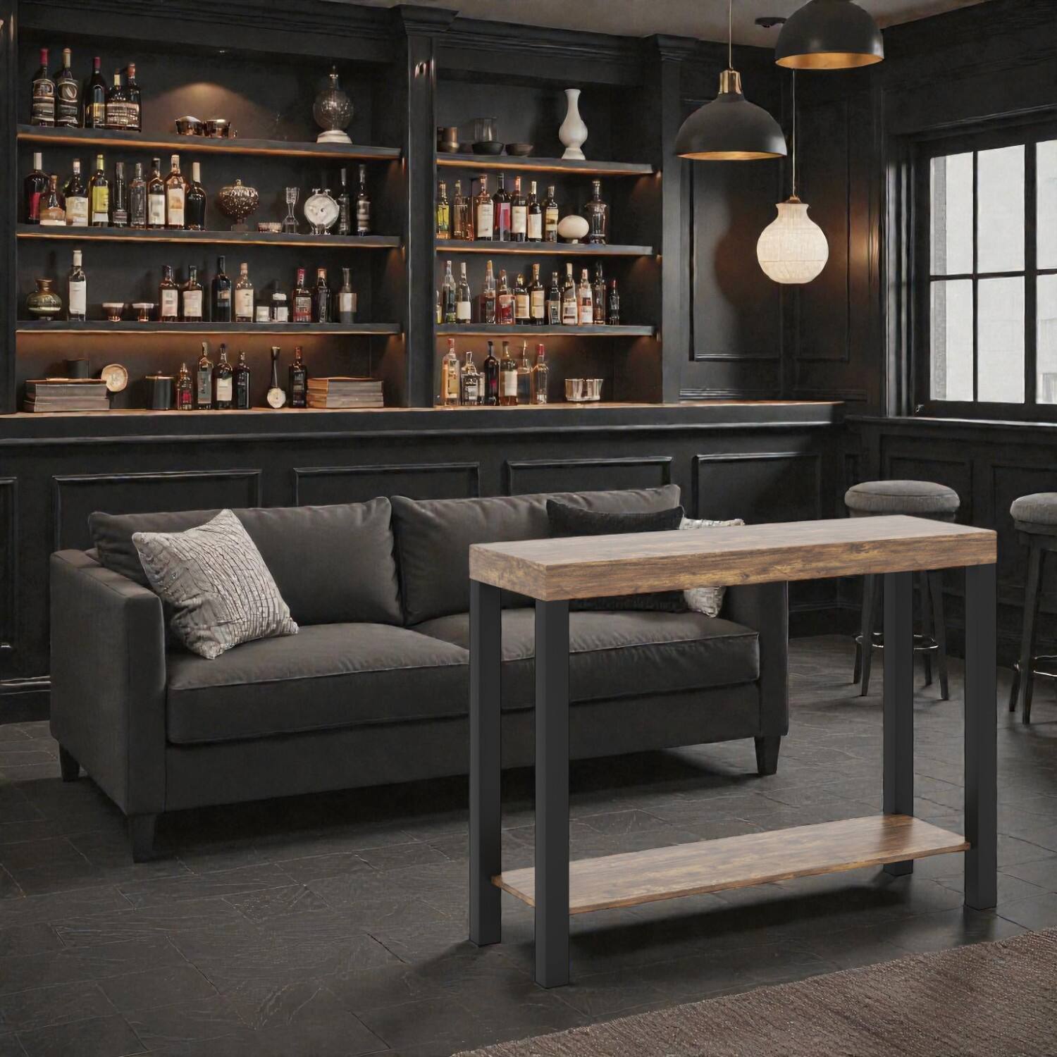 Hivvago - Functional 2-Tier Bar Counter Table with Storage Shelves for Home and Entertainment Spaces - Rustic Brown