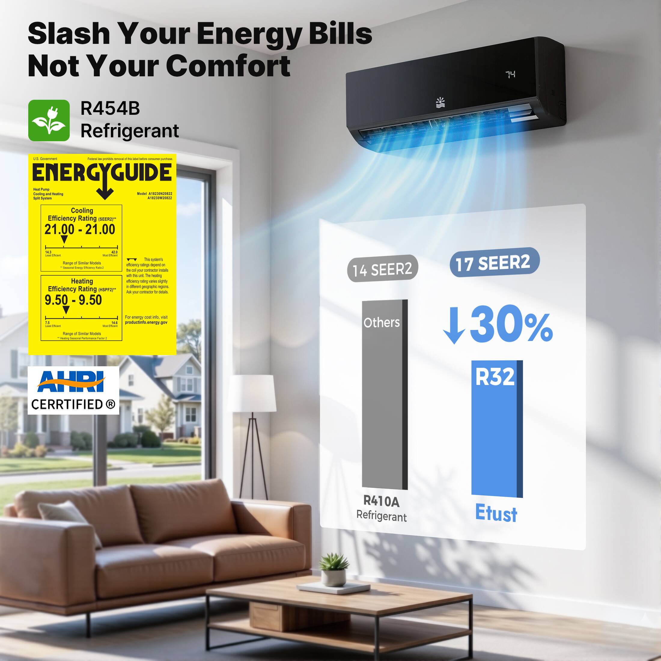 Slash Your Energy Bills Not Your Comfort

R454B Refrigerant

ENERGYGUIDE

Cooling Efficiency Rating: 21.00 - 21.00  
Heating Efficiency Rating: 9.50 - 9.50

AHRI CERTIFIED

14 SEER2  
17 SEER2  
↓30%  
R32  
Others  
R410A Refrigerant  
Etust