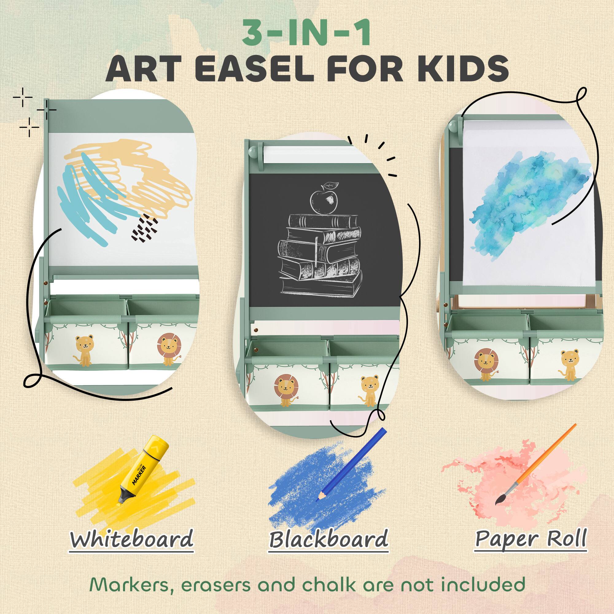 3-IN-1 ART EASEL FOR KIDS

Whiteboard  
Blackboard  
Paper Roll  

Markers, erasers and chalk are not included