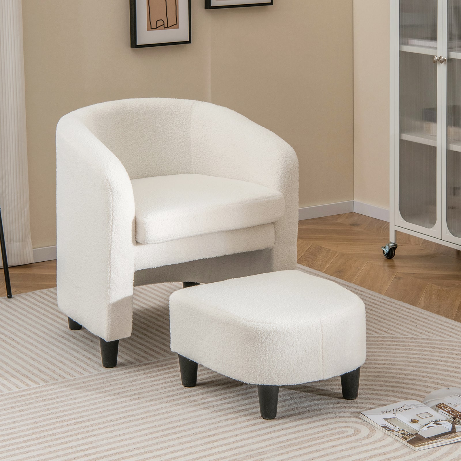 Left. Costway - Modern Soft Teddy Velvet Barrel Chair with Footrest and Anti-Slip Felt Pads - Beige.