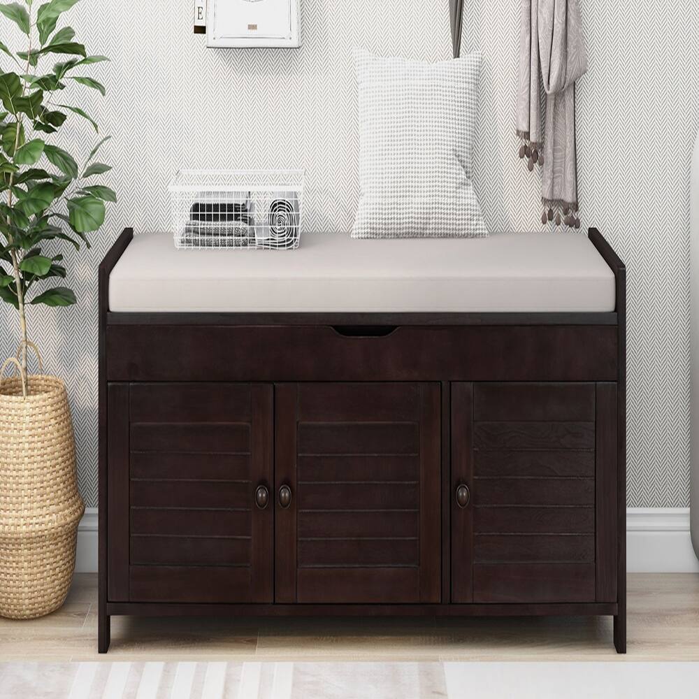 Left. Ropilly - Ropilly Espresso Wooden Entryway Storage Bench with Cushion - Espresso.