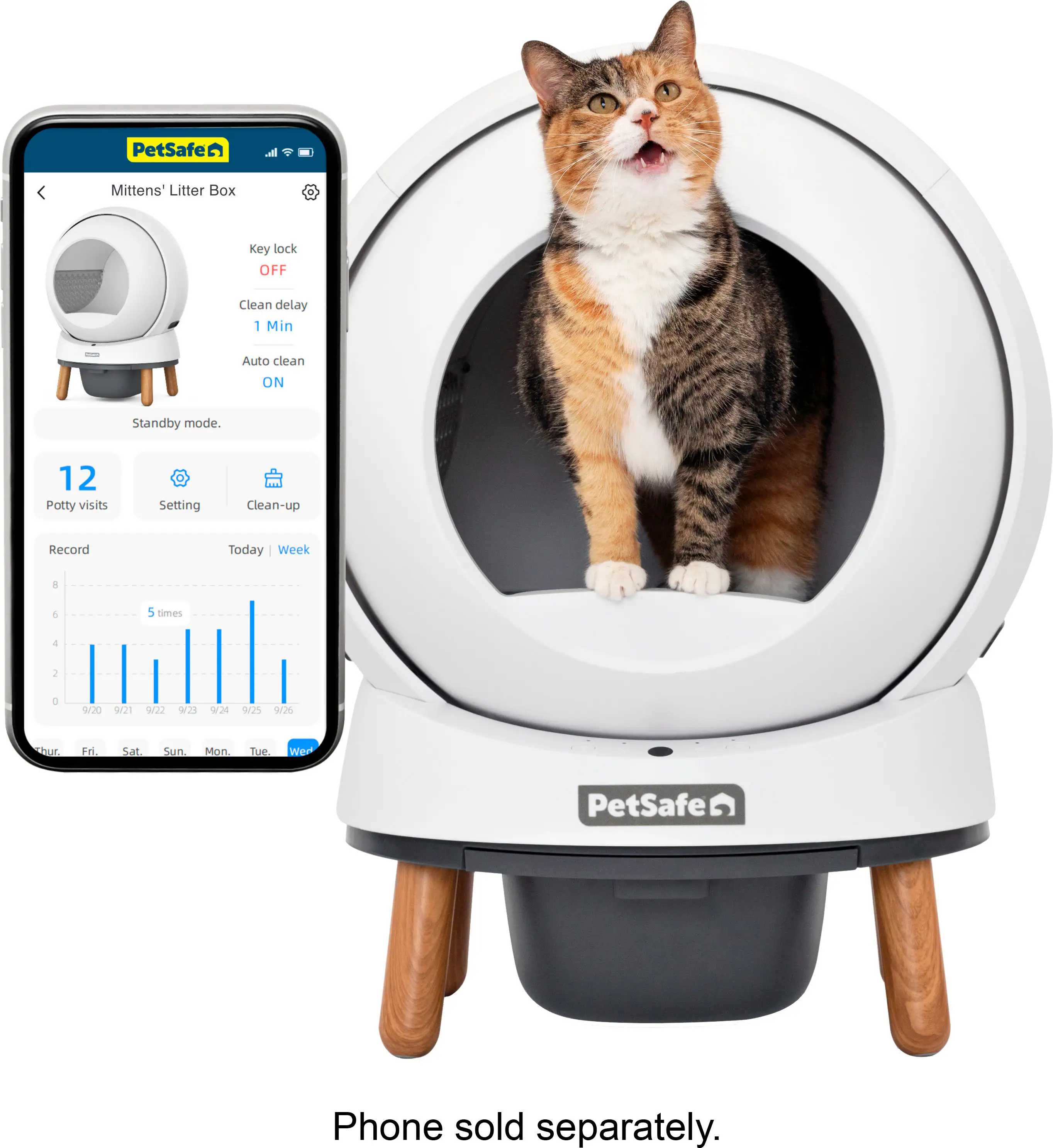 The image features a cat sitting inside a PetSafe litter box, which is a small, round, white device. The litter box is accompanied by a phone, which is placed next to it. The phone is likely used to control the litter box, such as setting cleaning schedules, monitoring the cat's usage, and adjusting the cleaning settings. The image suggests that the litter box and phone are sold separately, meaning that the cat owner would need to purchase both items to use them together.