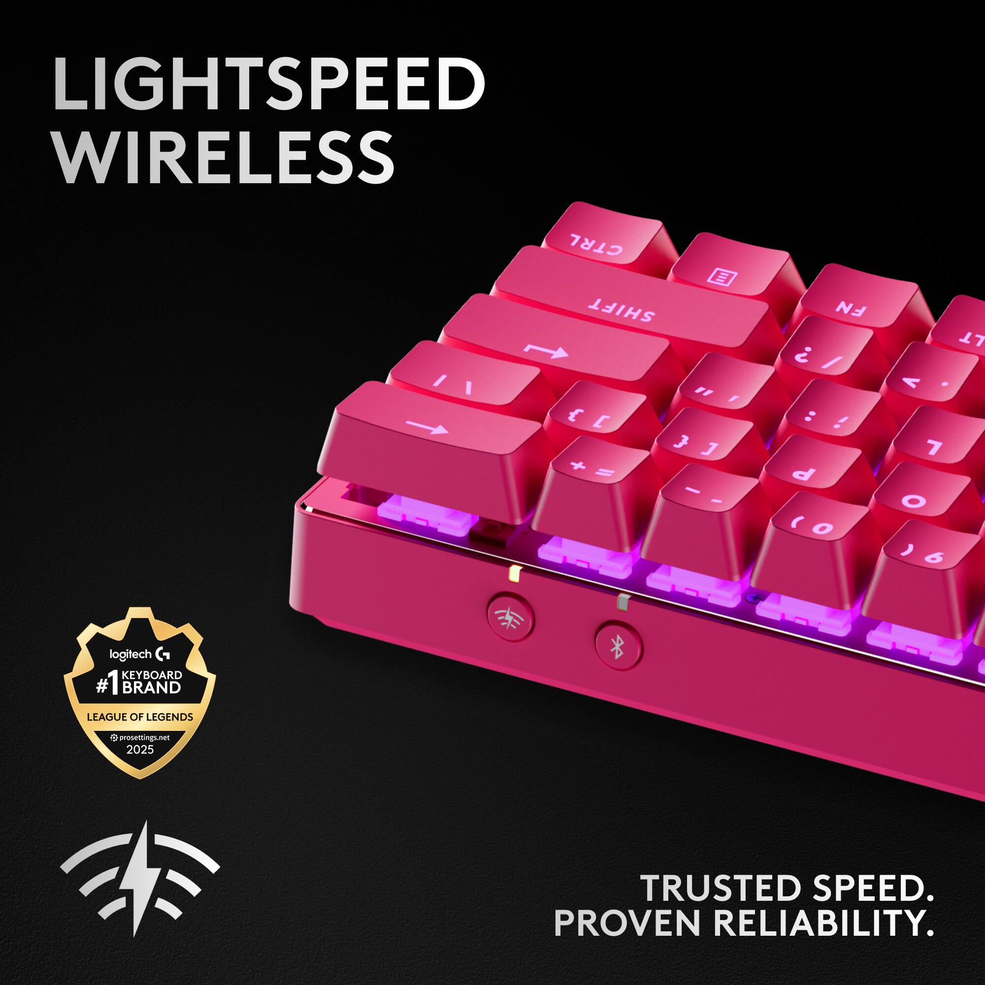 LIGHTSPEED WIRELESS  
CTRL E SHIFT " / { E } J + = - - FN / : ! d  
O LT A - 7 O ) 6  
logitech G KEYBOARD #1 BRAND  
LEAGUE OF LEGENDS  
TRUSTED SPEED. PROVEN RELIABILITY.