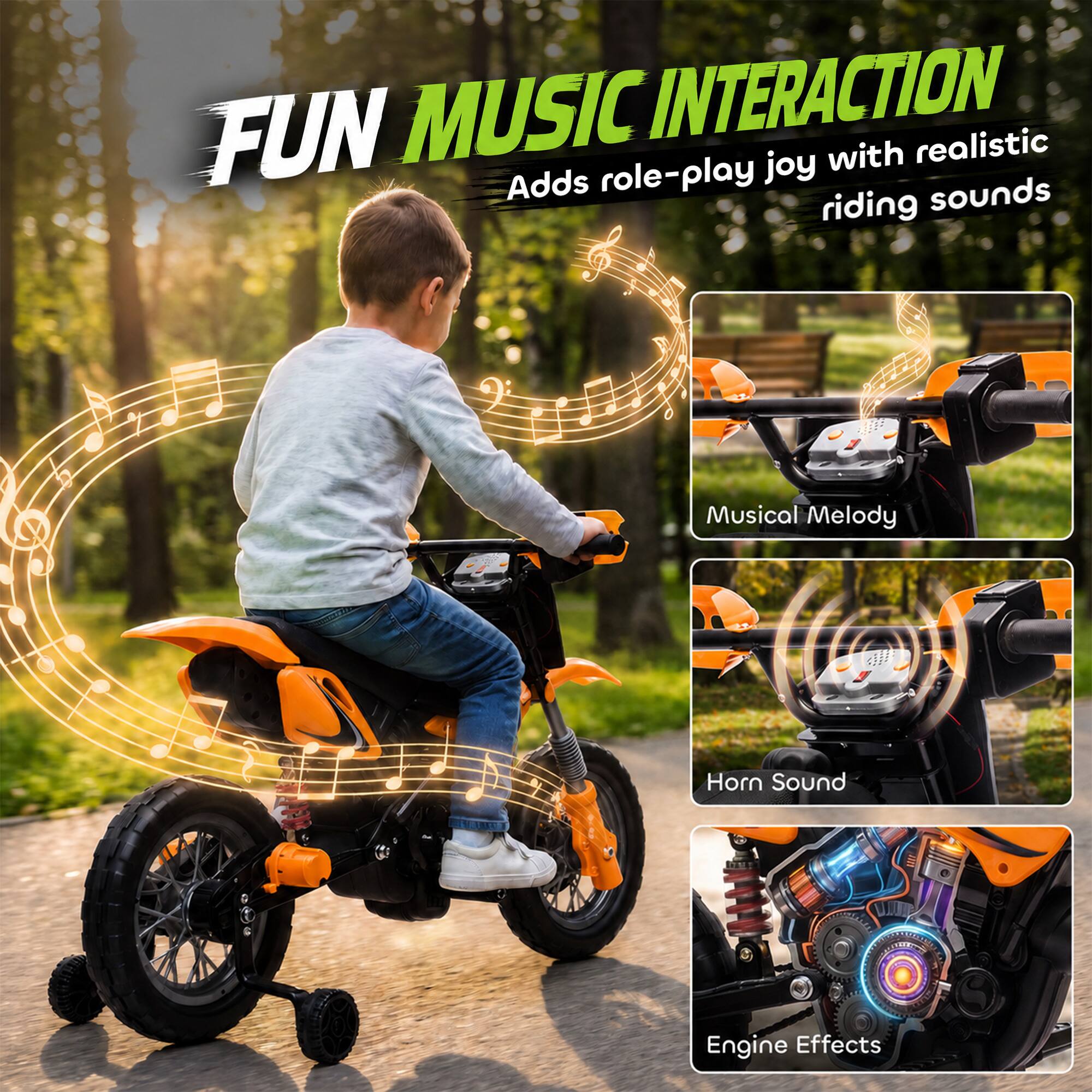 FUN MUSIC INTERACTION  
Adds role-play joy with realistic riding sounds

Musical Melody  
Horn Sound  
Engine Effects