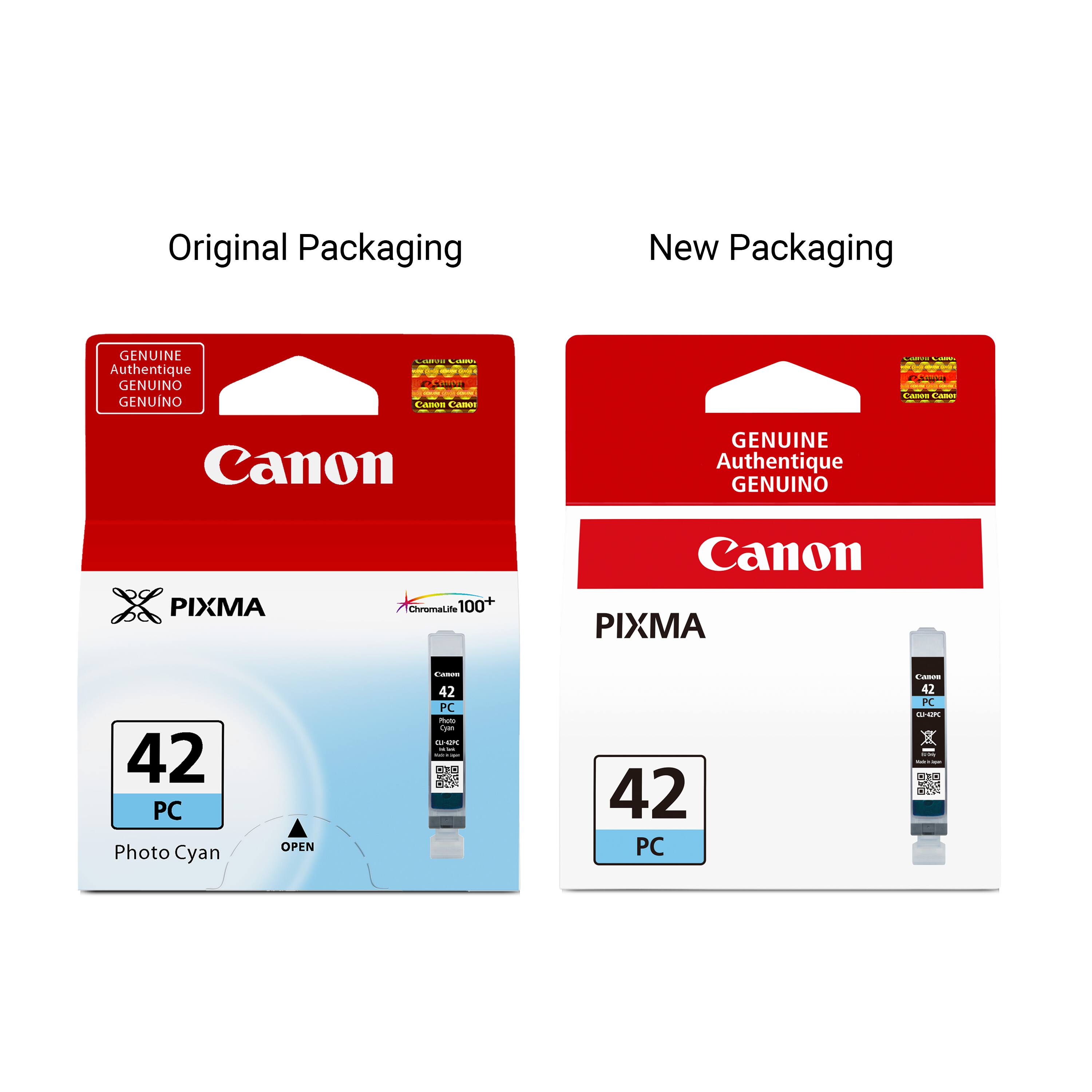 Original Packaging  
New Packaging  
GENUINE Authentique GENUINO GENUNO  
Camvil CHIPS Canon Canor  
Calorina LIMP. 24kman OK Canon CARBS  
Canon  
GENUINE Authentique GENUINO  
PIXMA  
ChromaLife 100+  
Canon PIXMA  
42 PC Photo Cyan  
OPEN  
Cases 42 PC Photo Cyan 34K 14/600 - rape  
42 PC  
Carbon 42 A 0.14K may - -