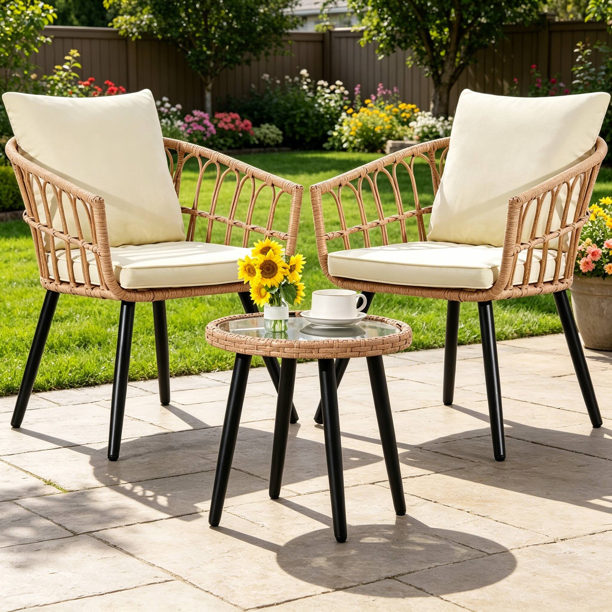 Alt View 2. Ainfox - Ainfox 3 PCS Patio Furniture Set,Wicker Table and Chairs All-Weather Wicker Outdoor Furniture,for Porch Backyard - Beige.