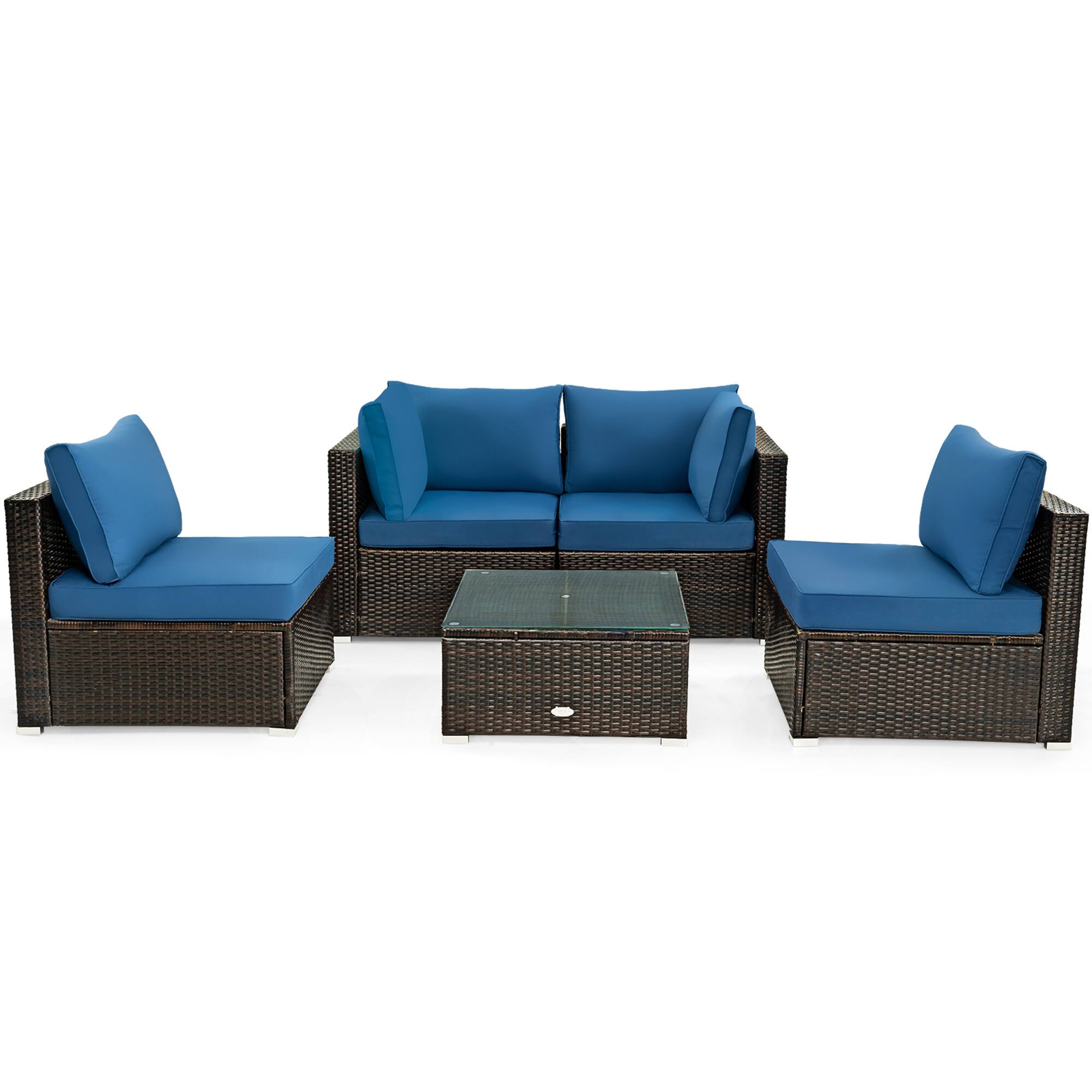 Alt View 1. Gymax - Gymax 5PCS Rattan Patio Conversation Set Sofa Furniture Set w/ Navy Cushions - Mix brown.