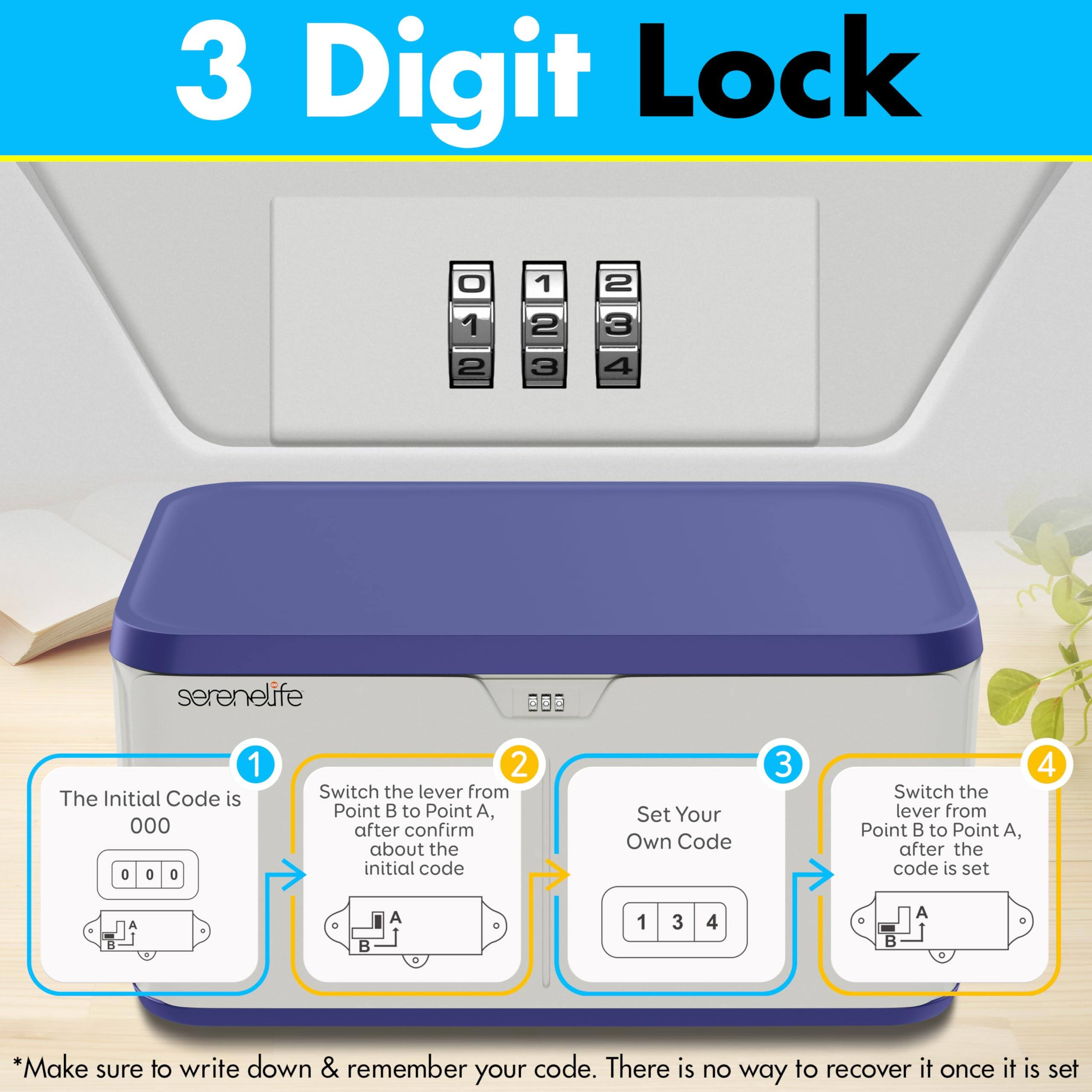 3 Digit Lock

1. The Initial Code is 000
   - Switch the lever from Point B to Point A, after confirming the initial code

2. Set Your Own Code
   - Switch the lever from Point B to Point A, after the code is set

*Make sure to write down & remember your code. There is no way to recover it once it is set