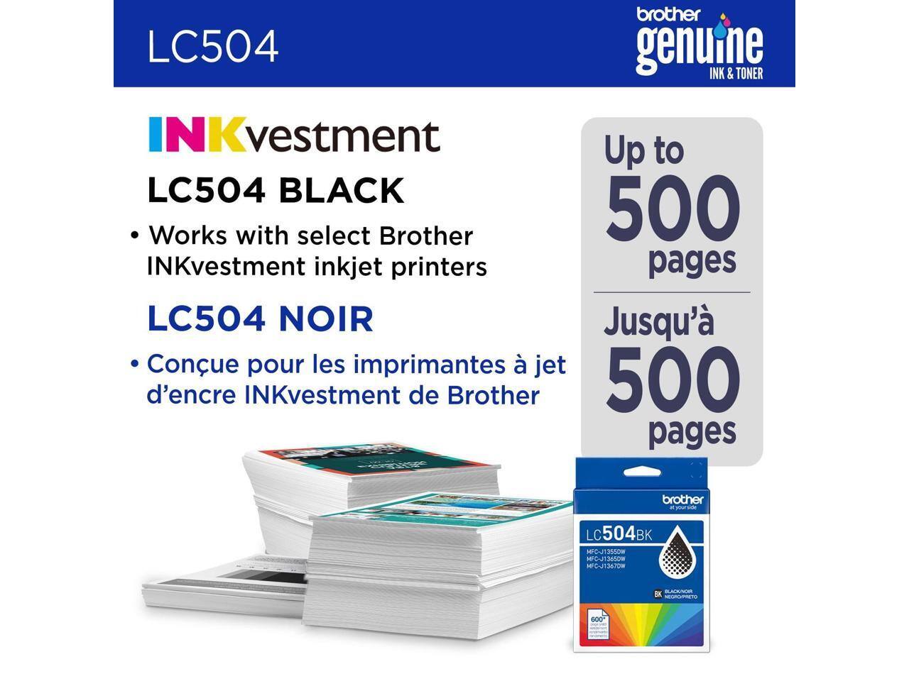 brother LC504 genuine INK & TONER INKvestment Up to LC504 BLACK Works with select Brother 500 INKvestment inkjet printers pages LC504 NOIR Jusqu' à 500 pages Conçu pour les imprimantes à jet d'encre INKvestment de Brother brother #yourside H shde LC504BK LC MFC-J1355OW MFC-J1365OW C-J1367OW BLACTUM BK NEGRLPRETO 600
