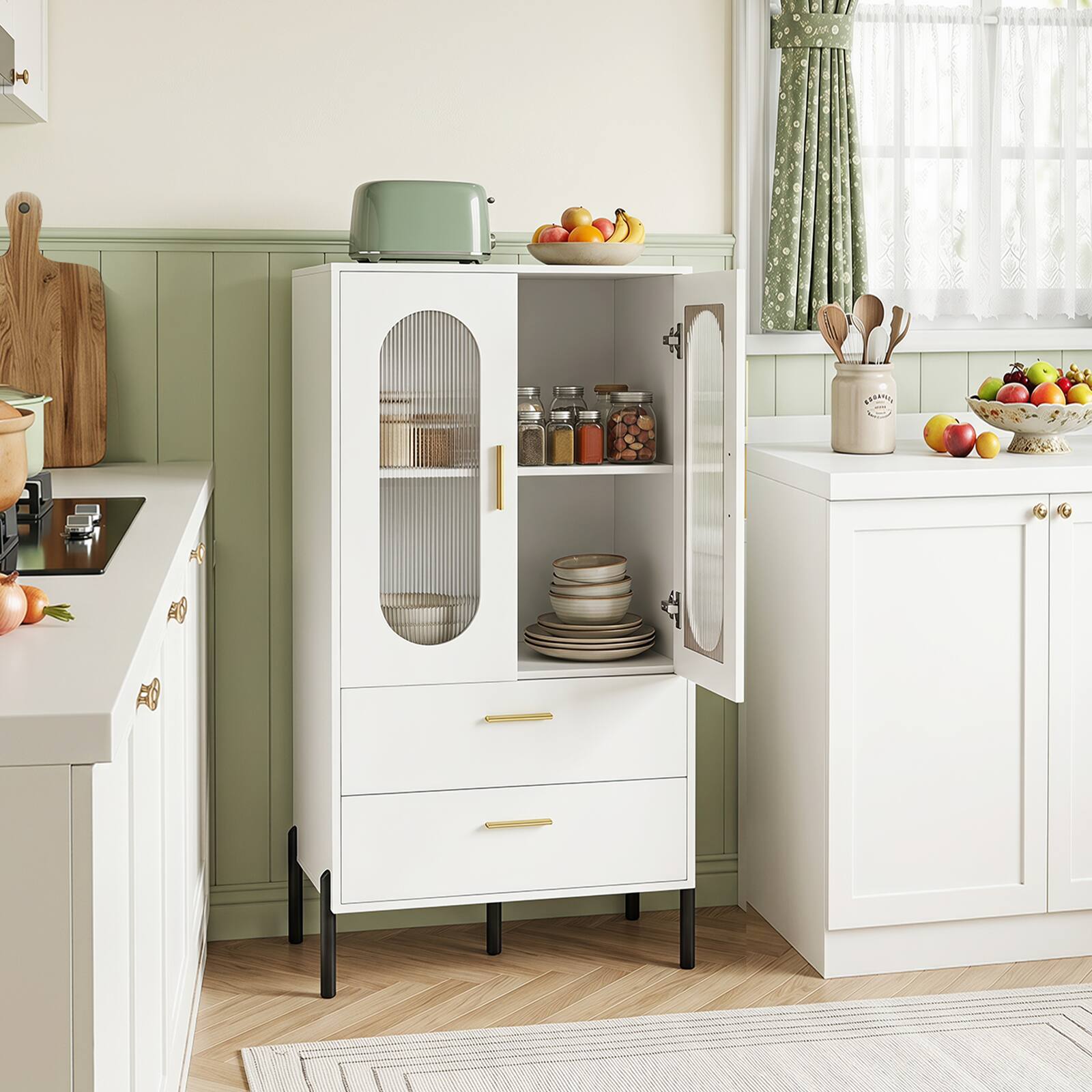 Alt View 3. Costway - Costway Modern Sideboard Buffet Cabinet with Fluted Doors, 2 Drawers, Solid Metal Frame - White.