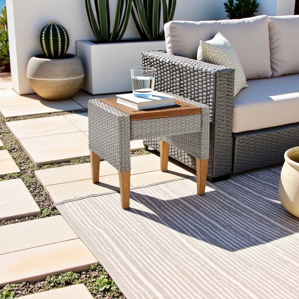Alt View 2. Outdoor Escape - Gray Outdoor Wicker Side Table with Steel Frame for Patio Use - Gray.