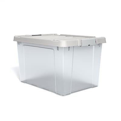 Front. Staples - Staples 78.4 Qt. Latch Lid Storage Bin, Clear (TR58307) - Clear.