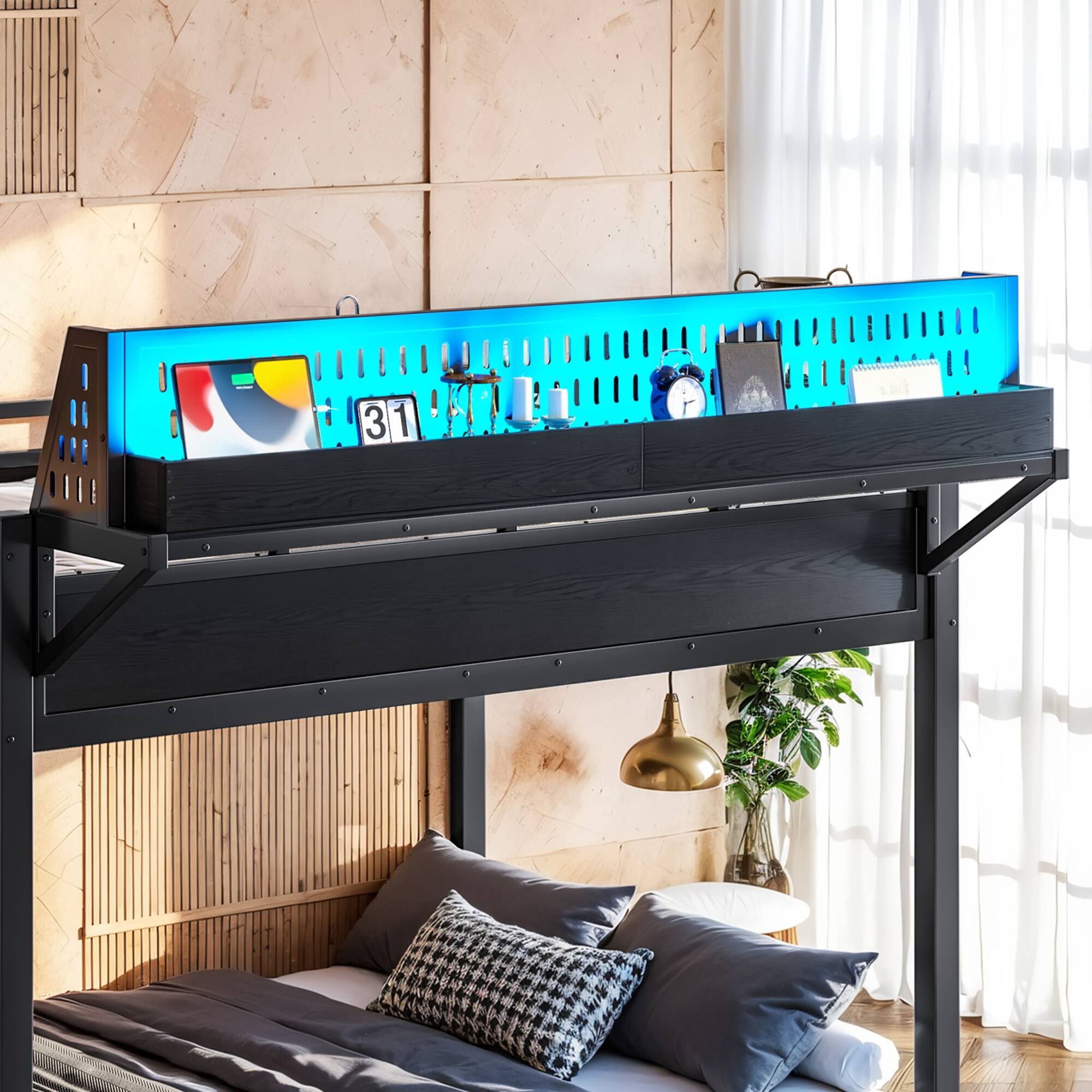 Alt View 3. Boyel Living - Full over Full Size Metal Bunk Bed with Storage Shelves and Pegboard Bunk Bed Frame - Black.