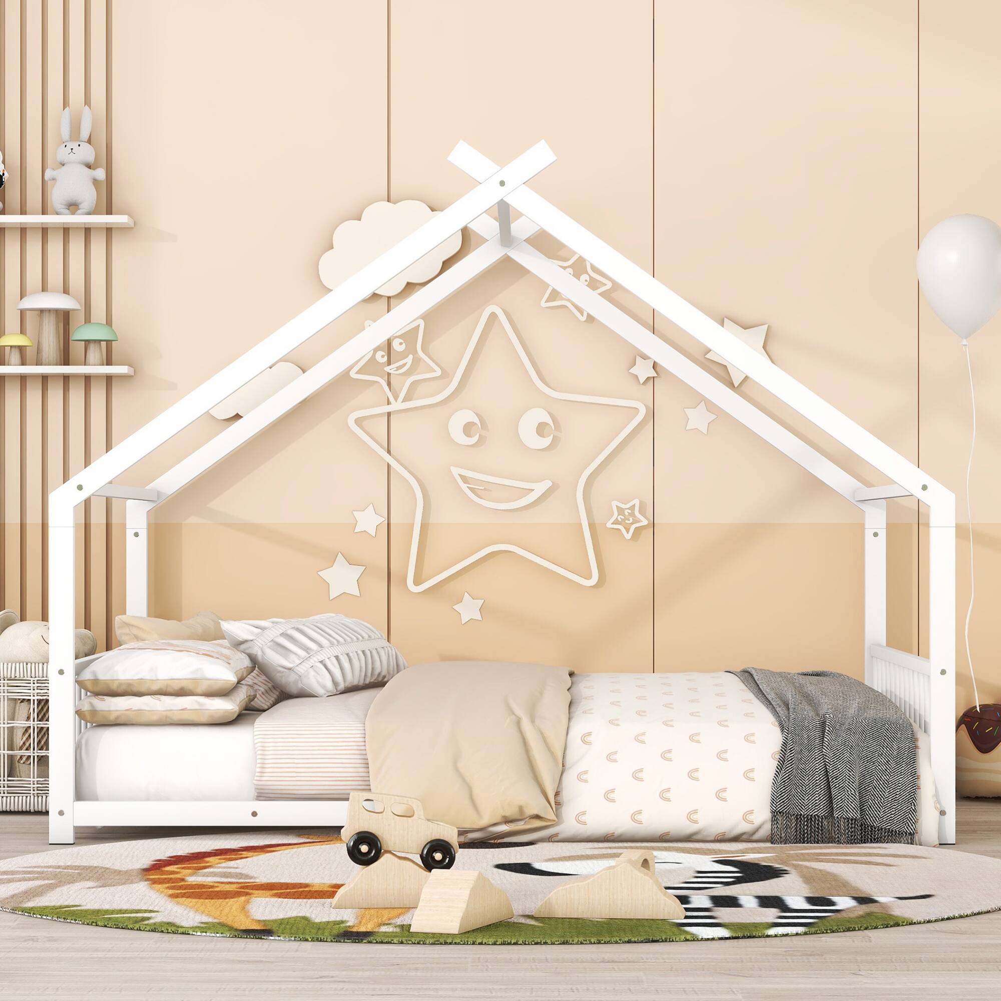 Angle. GOODSILO - Full Size Metal House Bed with Playhouse Roof Design for Kids Room Furniture and Sleep Space - White.