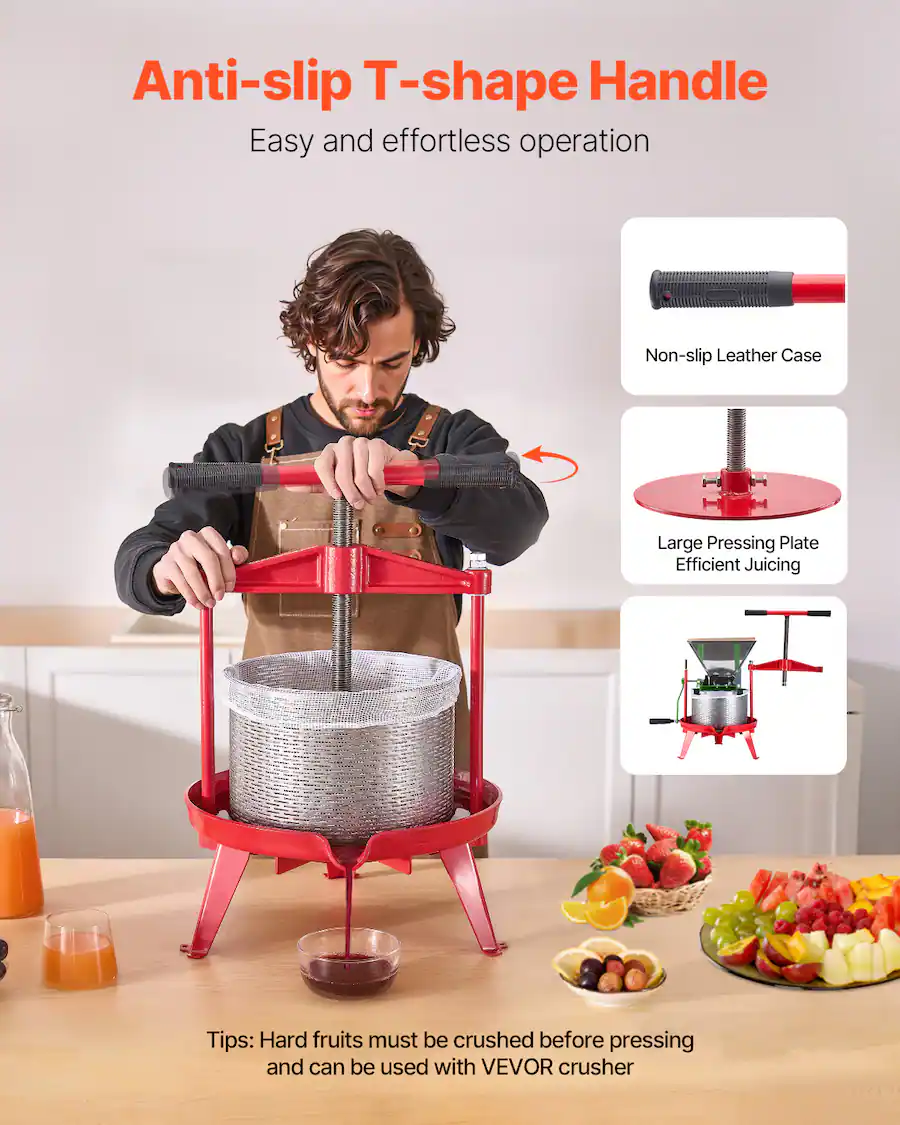 VEVOR 2.38 Gal/9L Fruit Wine Press, Stainless Steel Basket with Cross ...