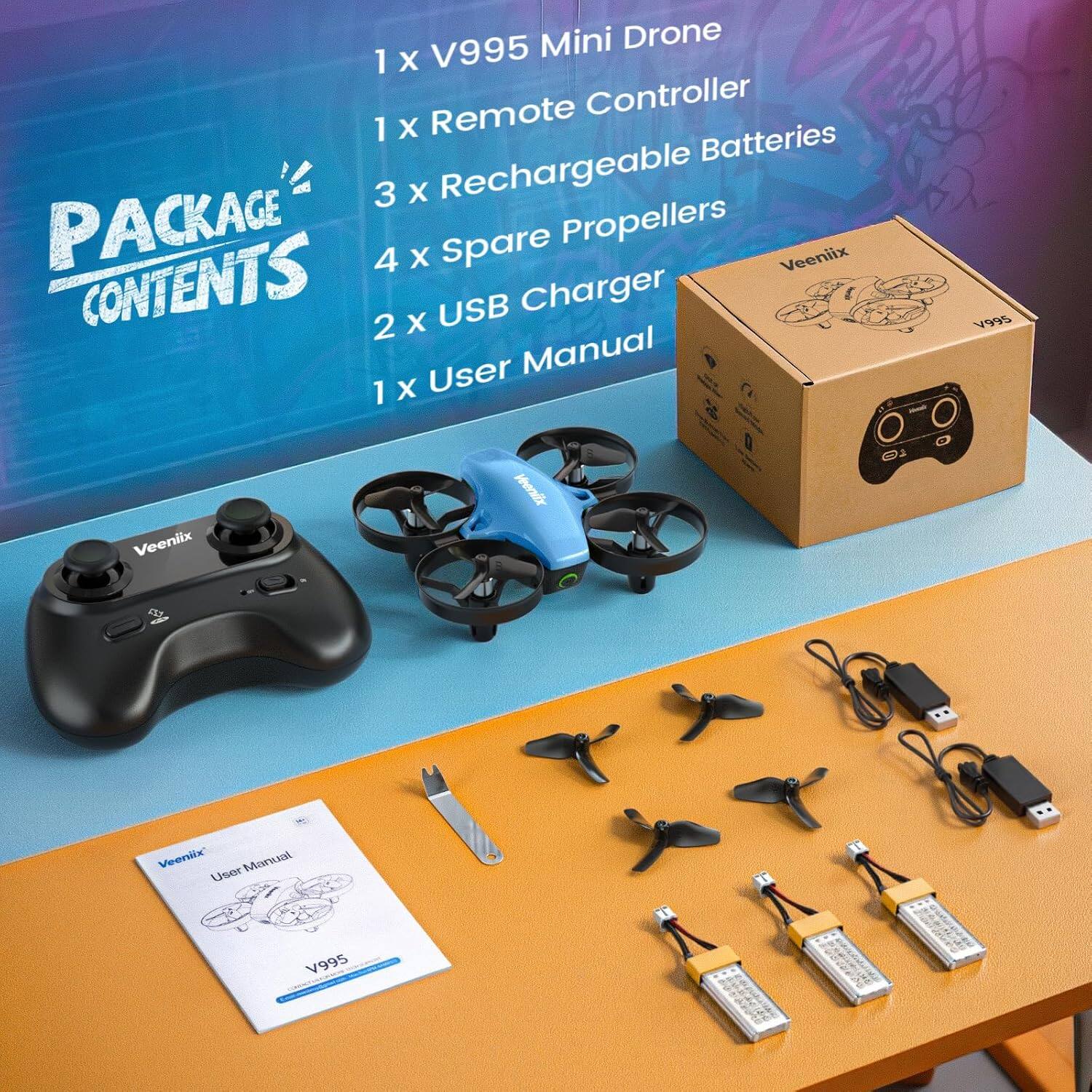 Mini Drone  
1 x V995 Remote Controller  
1 x Batteries  
3 x Rechargeable Batteries  
4 x Spare Propellers  
2 x USB Charger  
1 x User Manual