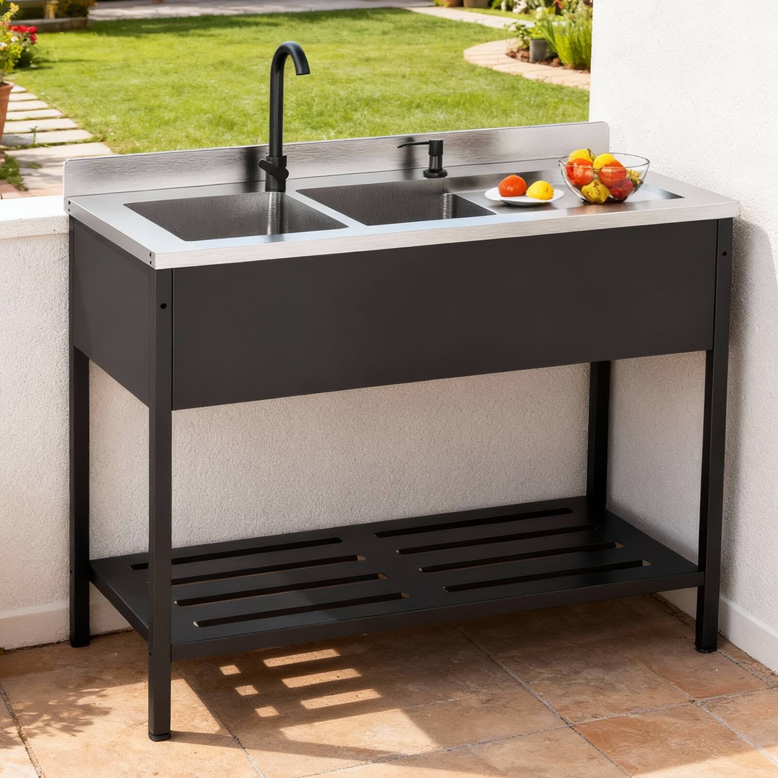 Alt View 3. Winado - Freestanding Stainless Steel Sink Commercial Utility Sink with Dual Basins for In/Outdoor Food Prep & Dishwashing Areas - Black & Silver.