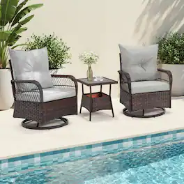 U-HOMY - 3-Piece Outdoor Swivel Rocking Chair Patio Set with Cushions & Coffee Table, PE Rattan Furniture - Gray
