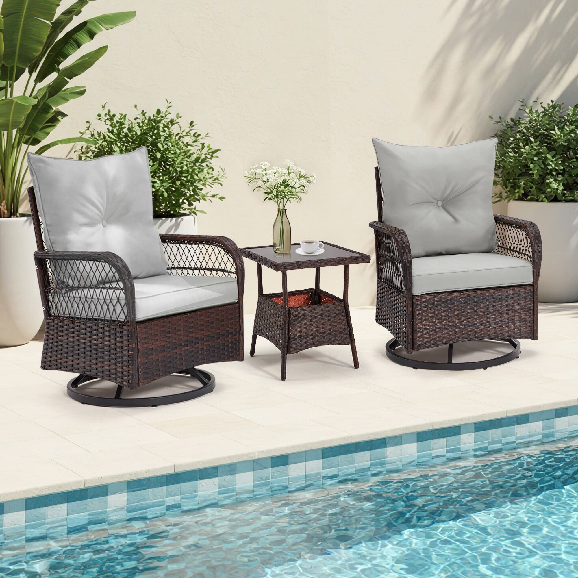 Front. U-HOMY - 3-Piece Outdoor Swivel Rocking Chair Patio Set with Cushions & Coffee Table, PE Rattan Furniture - Grey.