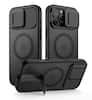 Front. SURITCH - Rugged Case for iPhone 16 Pro Max, Compatible with MagSafe, Built-in Kickstand & Camera Cover & Translucent Back - Aurora Black.