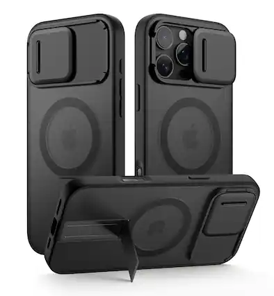 Front. SURITCH - Rugged Case for iPhone 16 Pro Max, Compatible with MagSafe, Built-in Kickstand & Camera Cover & Translucent Back - Aurora Black.