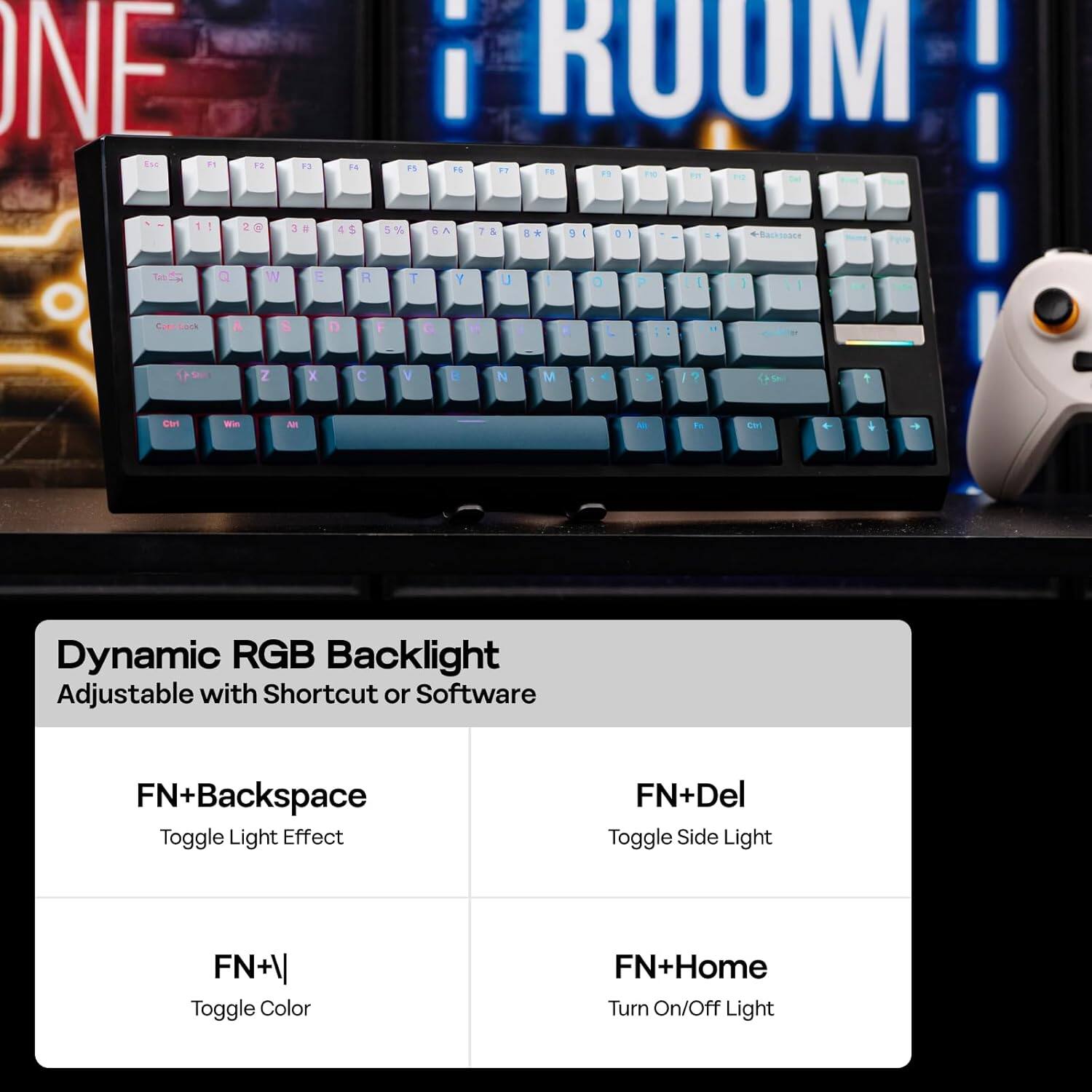 Dynamic RGB Backlight  
Adjustable with Shortcut or Software  

FN+Backspace  
Toggle Light Effect  

FN+Del  
Toggle Side Light  

FN+V  
Toggle Color  

FN+Home  
Turn On/Off Light