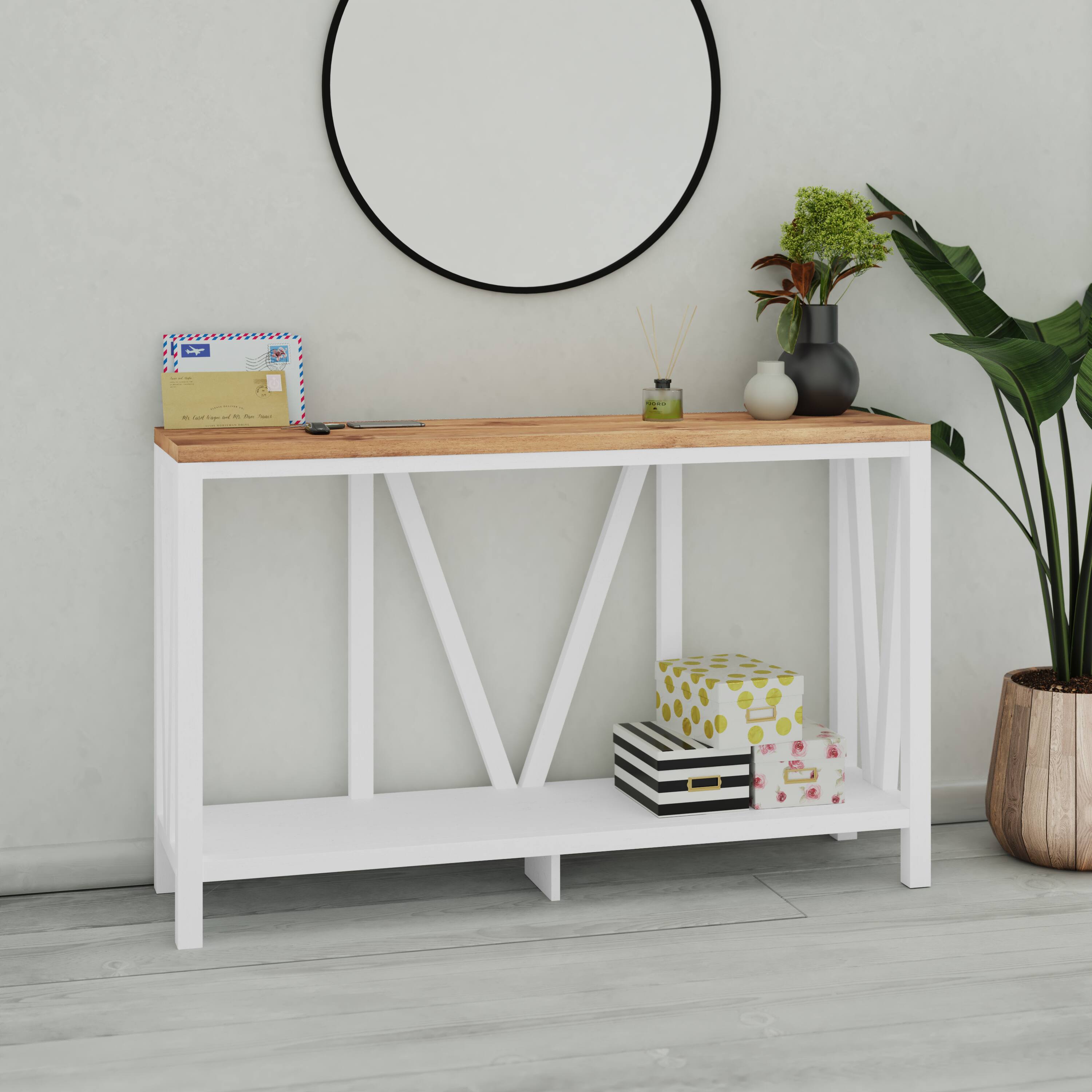 Front. Emma + Oliver - Owen Modern Farmhouse Entryway Console Accent Table - Warm Oak Top/White Frame.