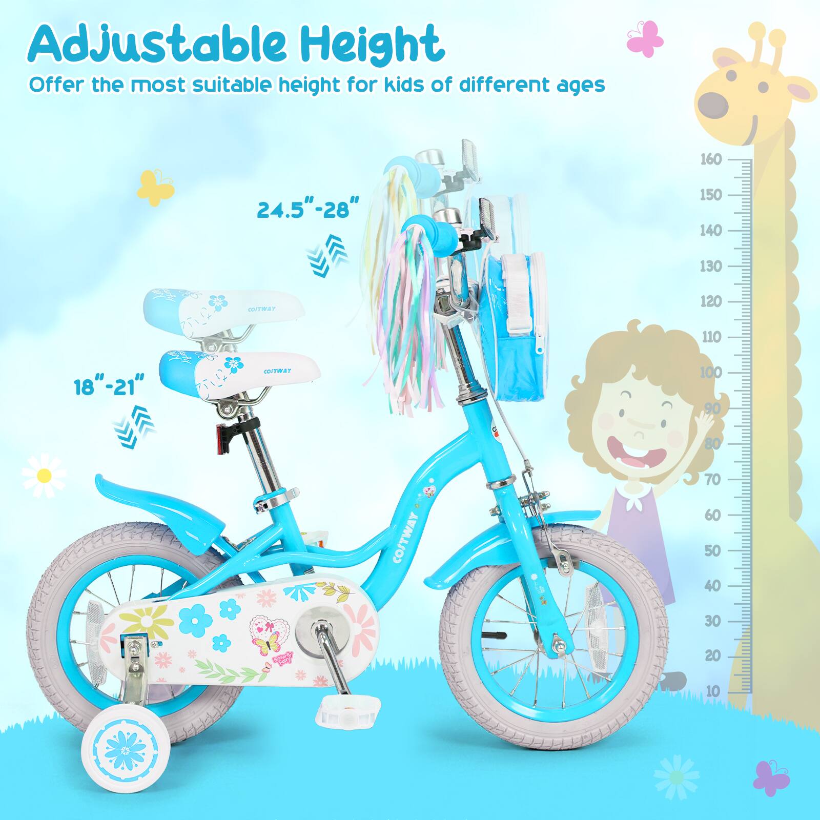 Adjustable Height  
Offer the most suitable height for kids of different ages  

160  
150  
140  
130  
120  
110  
100  
90  
80  
70  
60  
50  
40  
30  
20  
10  

24.5" - 28"  
18" - 21"