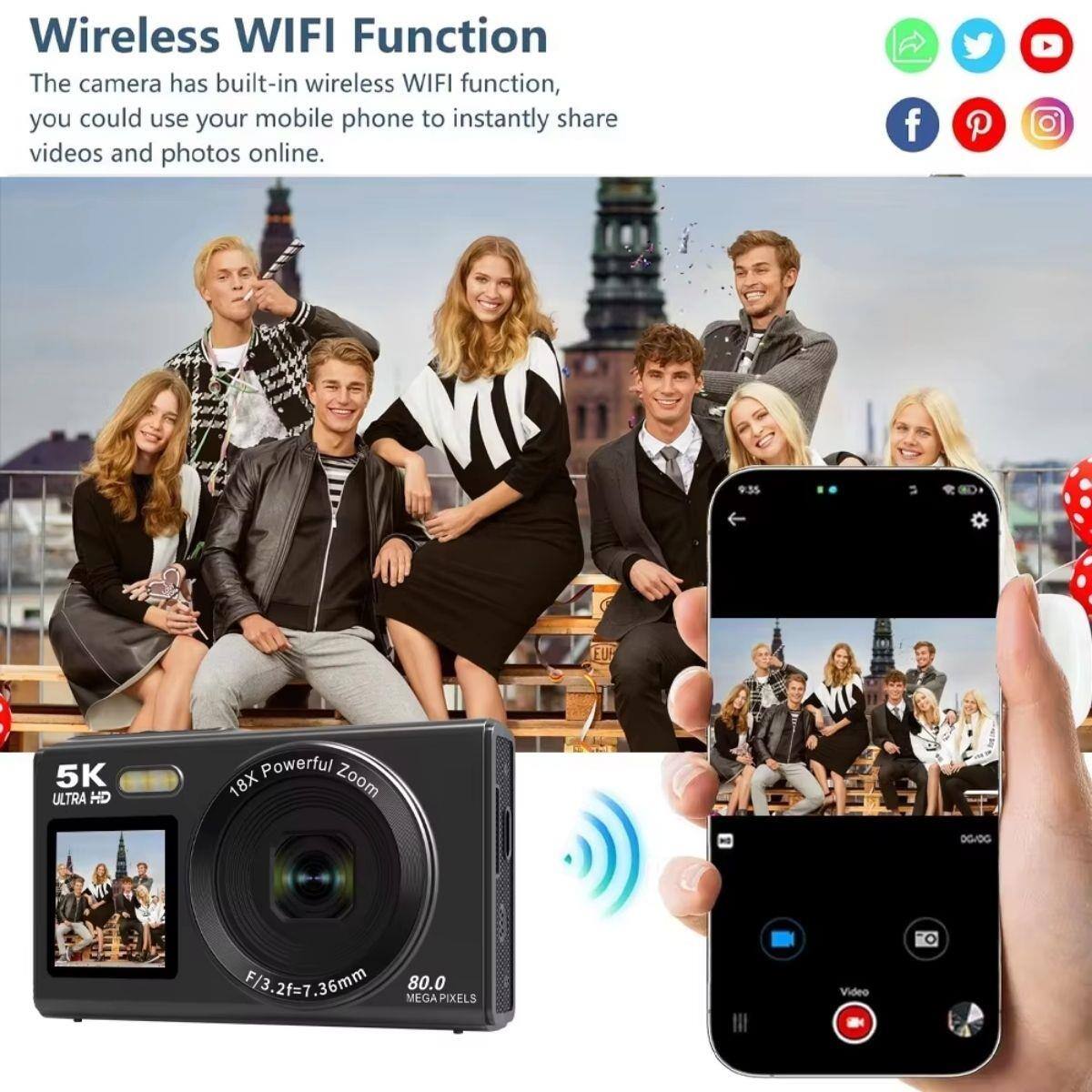 Wireless WIFI Function  
The camera has built-in wireless WIFI function, you could use your mobile phone to instantly share videos and photos online.

5K ULTRA HD  
Powerful Zoom 18X  
F/3.21=7.36mm 2f=7  
80.0 MEGA PIXELS  
Video