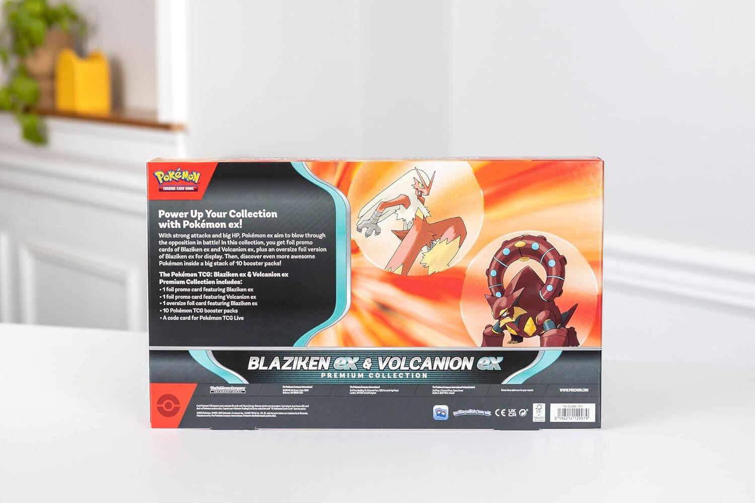 Pokémon - Power Up Your Collection with Pokémon ex! With strong attacks and big HP Pokémon EX aim to blow through the opposition in battle! In this collection, you get foil promo cards of Blaziken ex and Volcanion ex, plus an oversize foil version of Blaziken EX for display. Then, discover even more awesome Pokémon inside a big stack of 10 booster packs! The Pokémon TCG: Blaziken ex & Volcanion ex Premium Collection includes: 1 foil promo card featuring Blaziken ex 1 foil promo card featuring Volcanion EX 1 oversize foil card featuring Blaziken ex 10 Pokémon TCG booster packs A code card for Pokémon TCG Live BLAZIKEN ex & VOLCANION ex PREMIUM COLLECTION CE LC