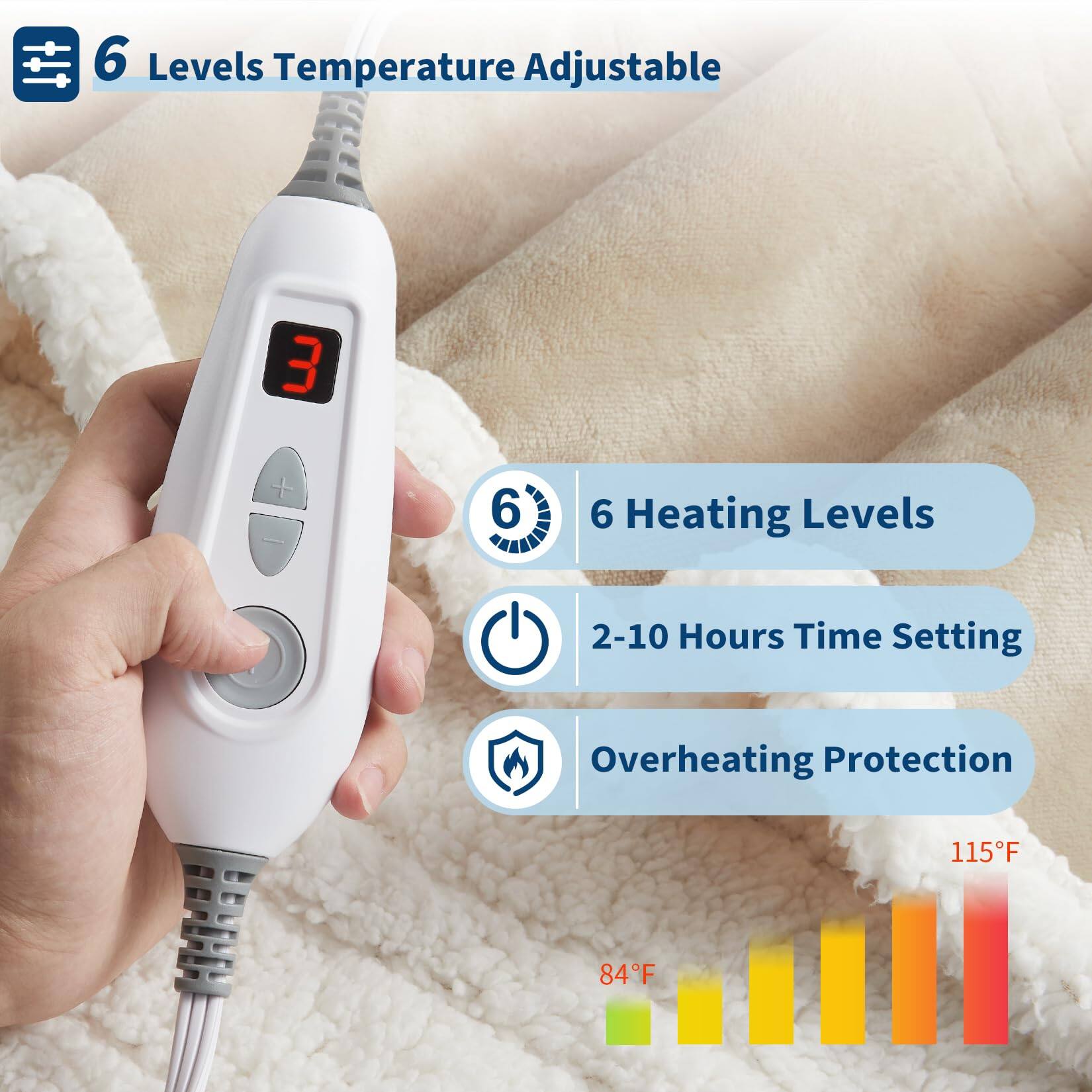 6 Levels Temperature Adjustable  
6 Heating Levels  
2-10 Hours Time Setting  
Overheating Protection  
84°F to 115°F