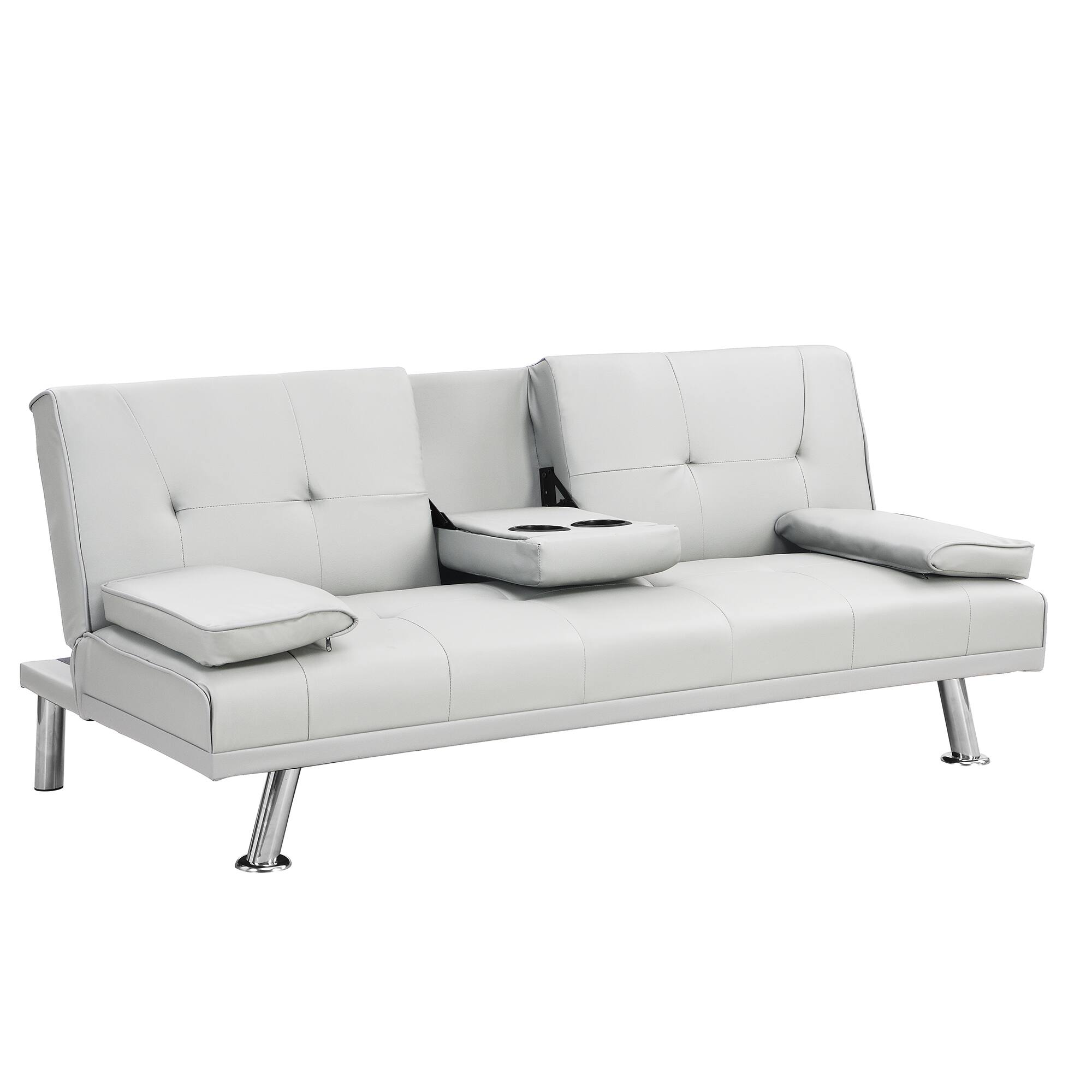 Alt View 1. Tiramisubest - Modern Sofa Bed with Armrest Two Holders, PVC Upholstery, Wood Frame, Stainless Steel Legs, White - White.